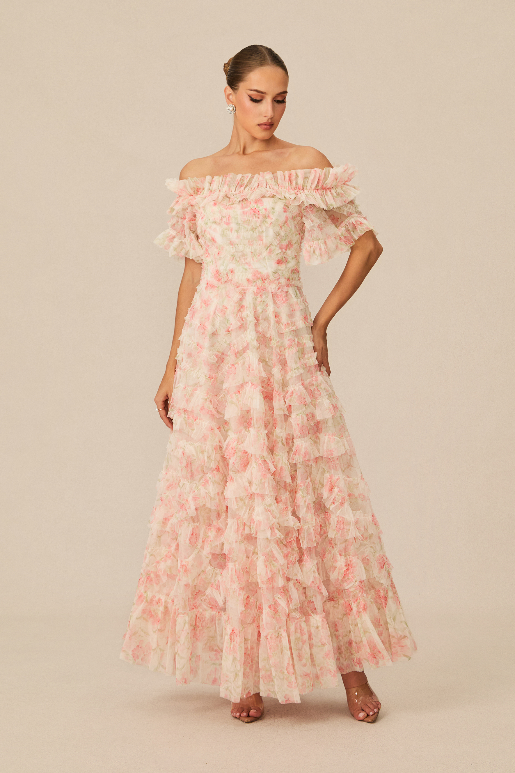 Elegant Off-Shoulder Tiered Floral Maxi Dress