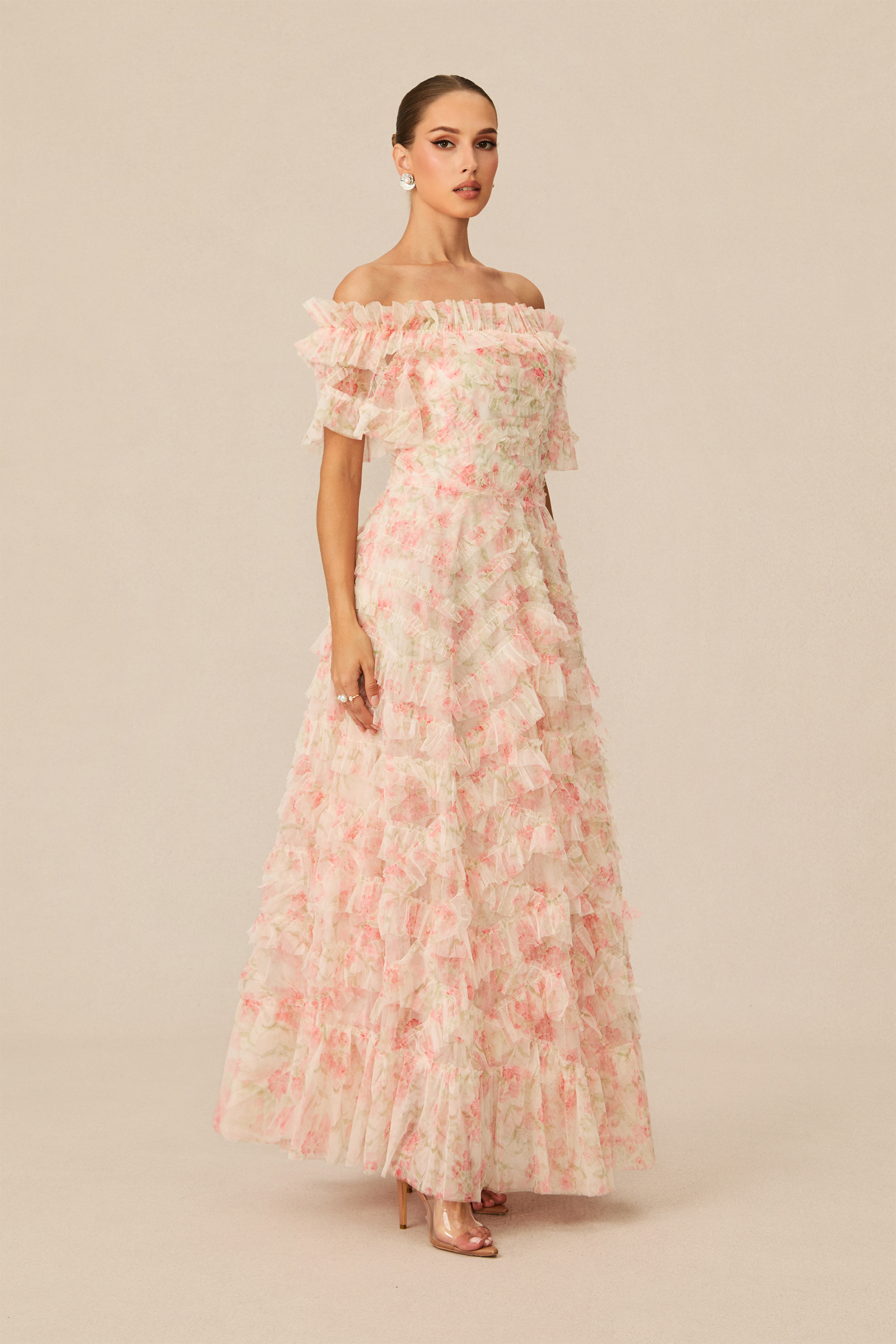 Elegant Off-Shoulder Tiered Floral Maxi Dress