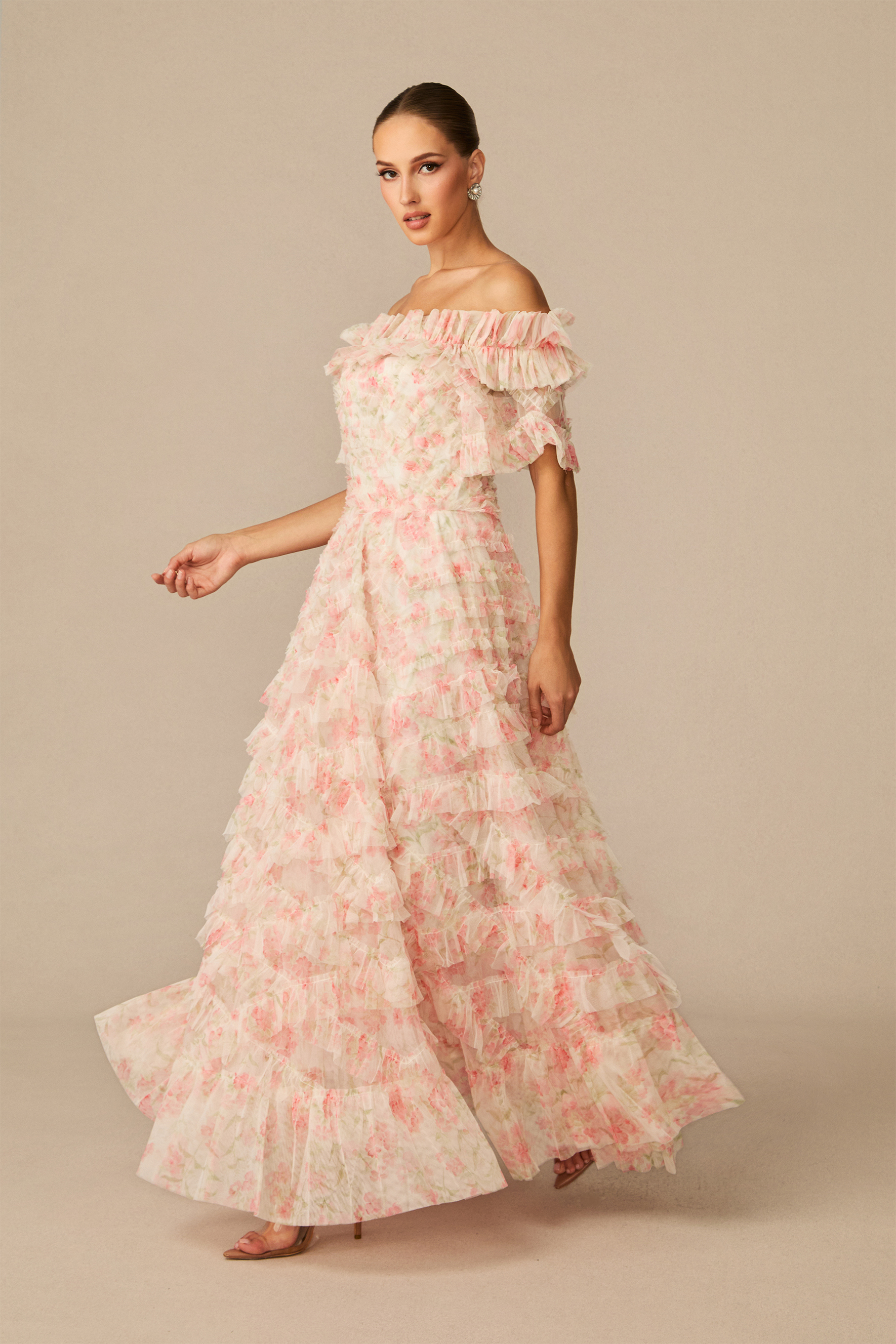 Elegant Off-Shoulder Tiered Floral Maxi Dress