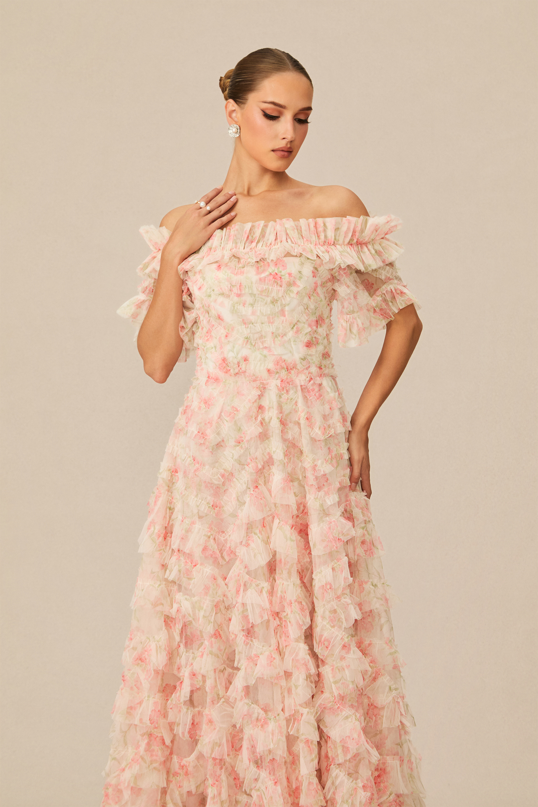 Elegant Off-Shoulder Tiered Floral Maxi Dress
