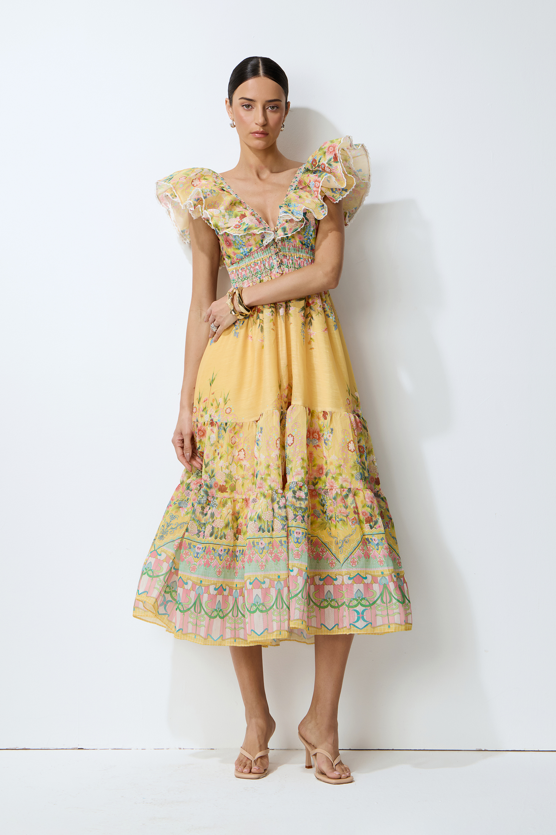 Yellow Floral Ruffle Tiered Midi Dress