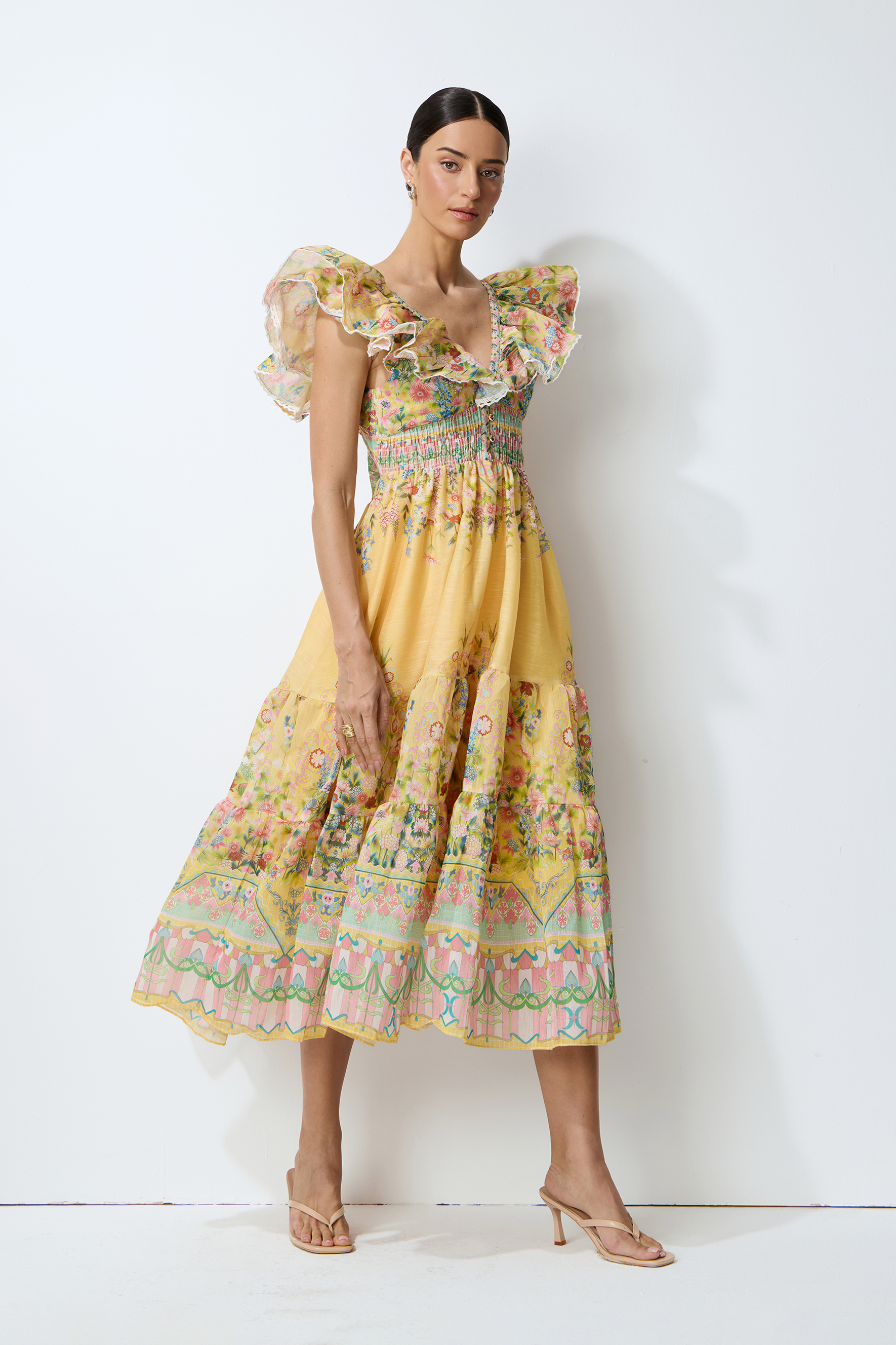 Yellow Floral Ruffle Tiered Midi Dress