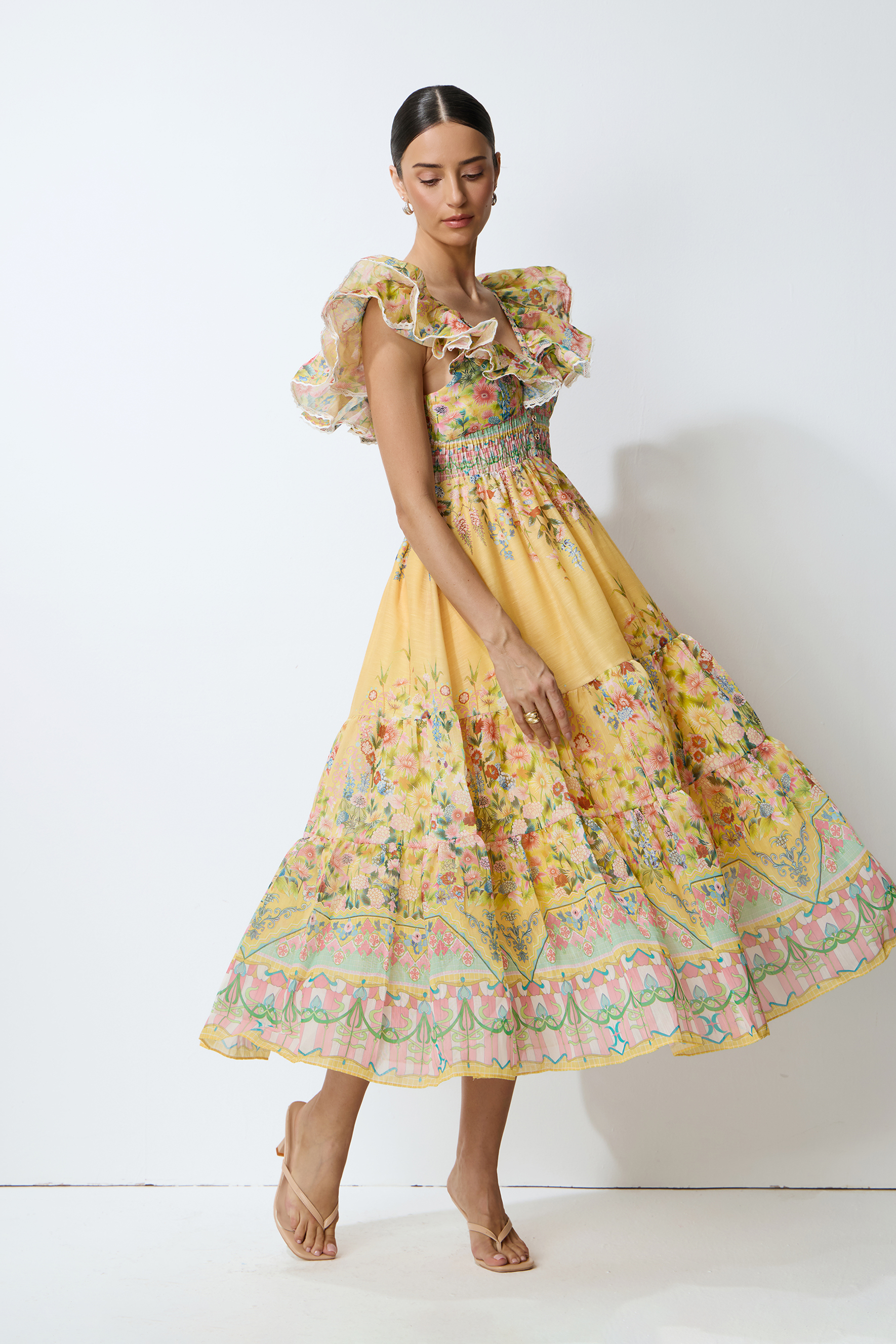 Yellow Floral Ruffle Tiered Midi Dress