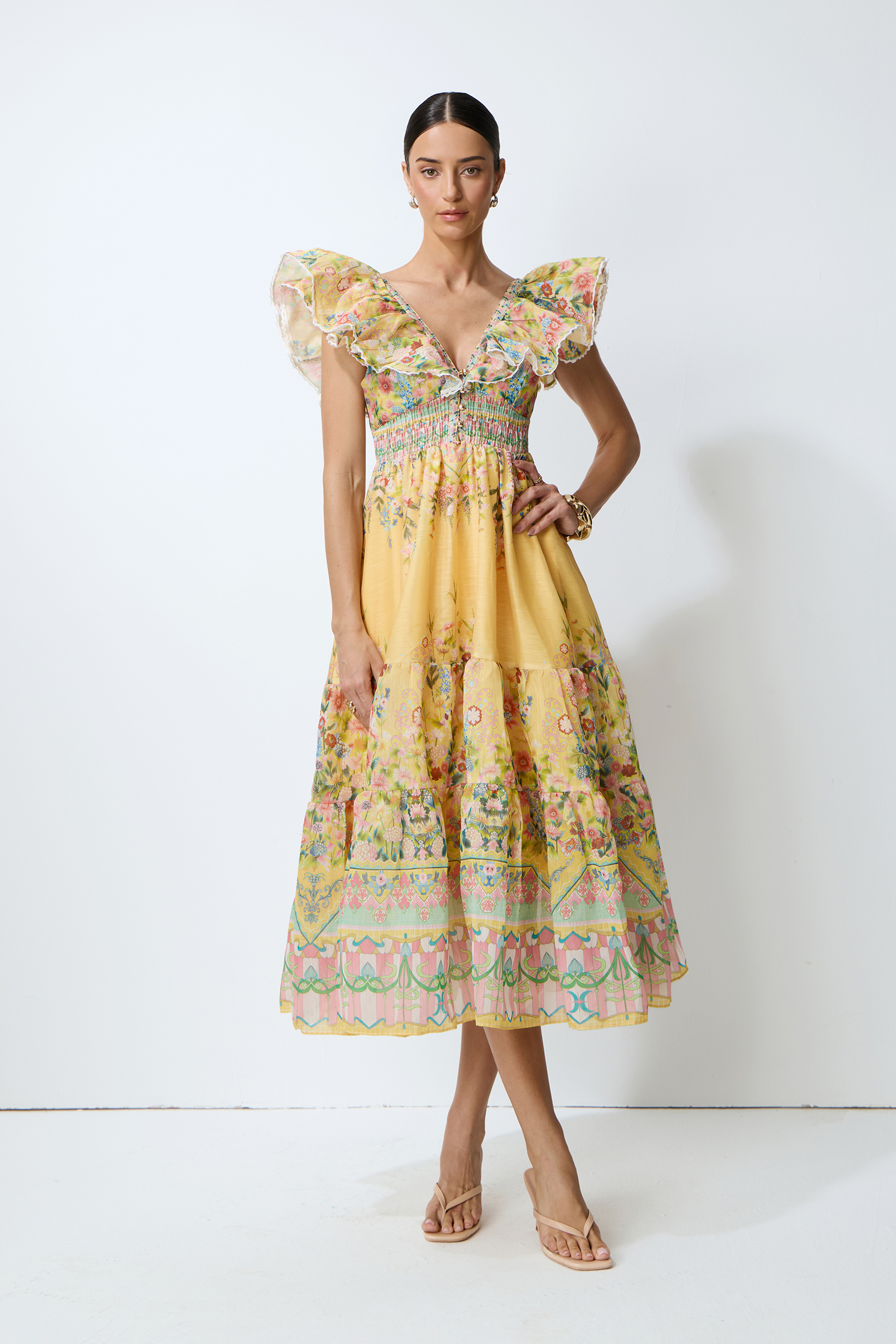 Yellow Floral Ruffle Tiered Midi Dress