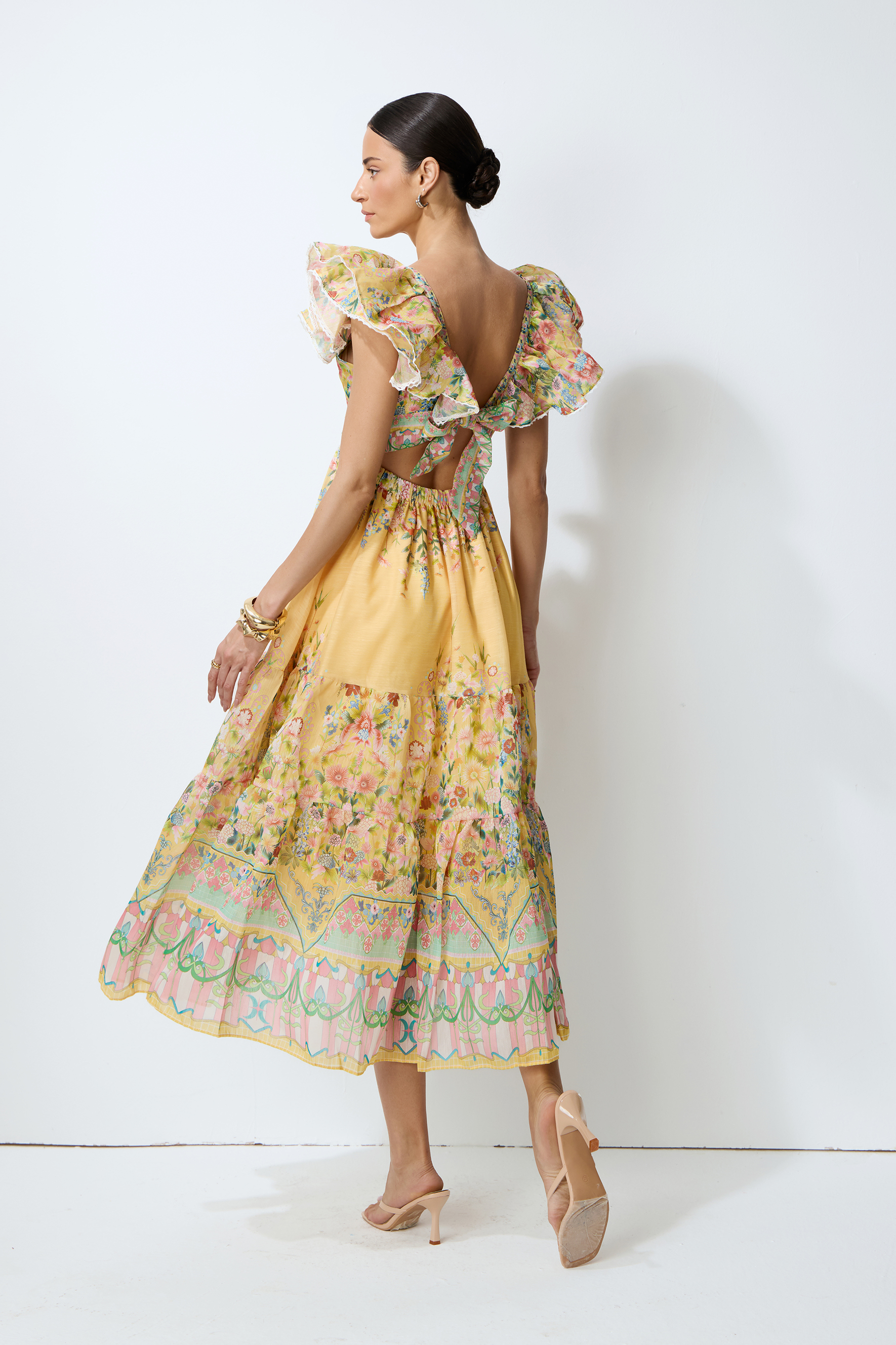 Yellow Floral Ruffle Tiered Midi Dress