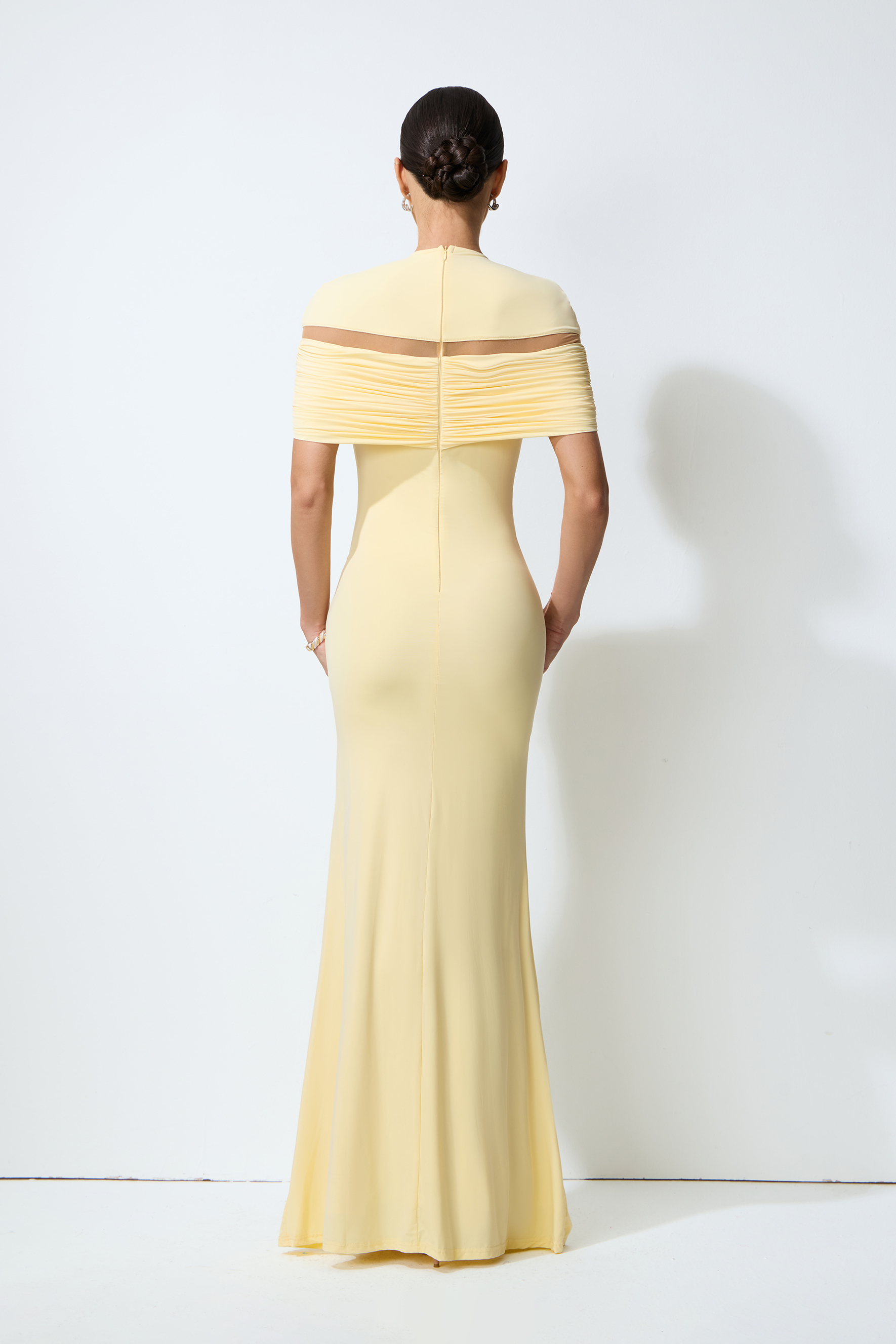 Elegant Pale Yellow Ruched High Neck Maxi Dress