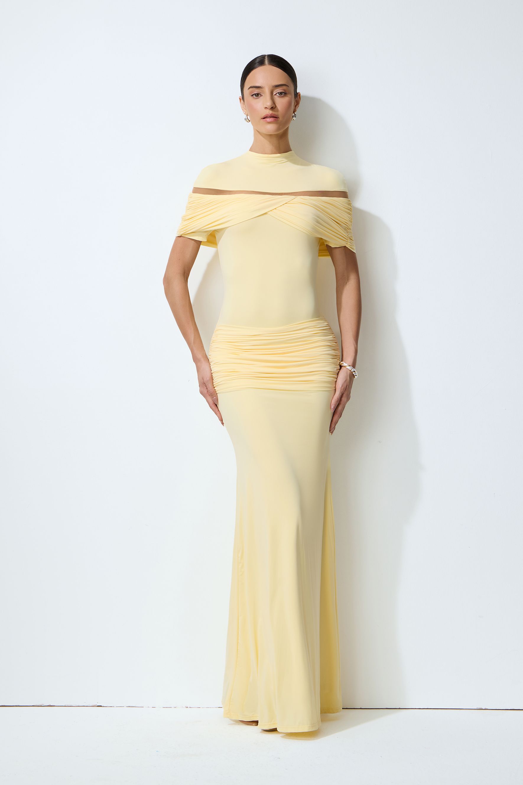 Elegant Pale Yellow Ruched High Neck Maxi Dress