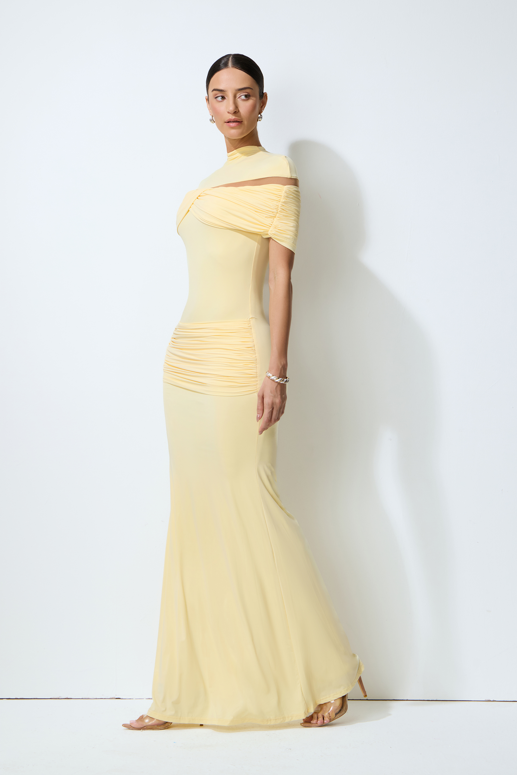 Elegant Pale Yellow Ruched High Neck Maxi Dress