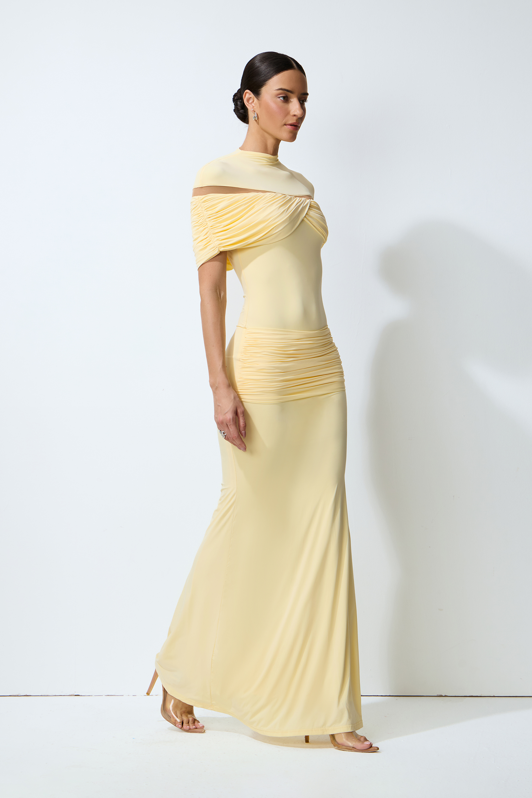 Elegant Pale Yellow Ruched High Neck Maxi Dress