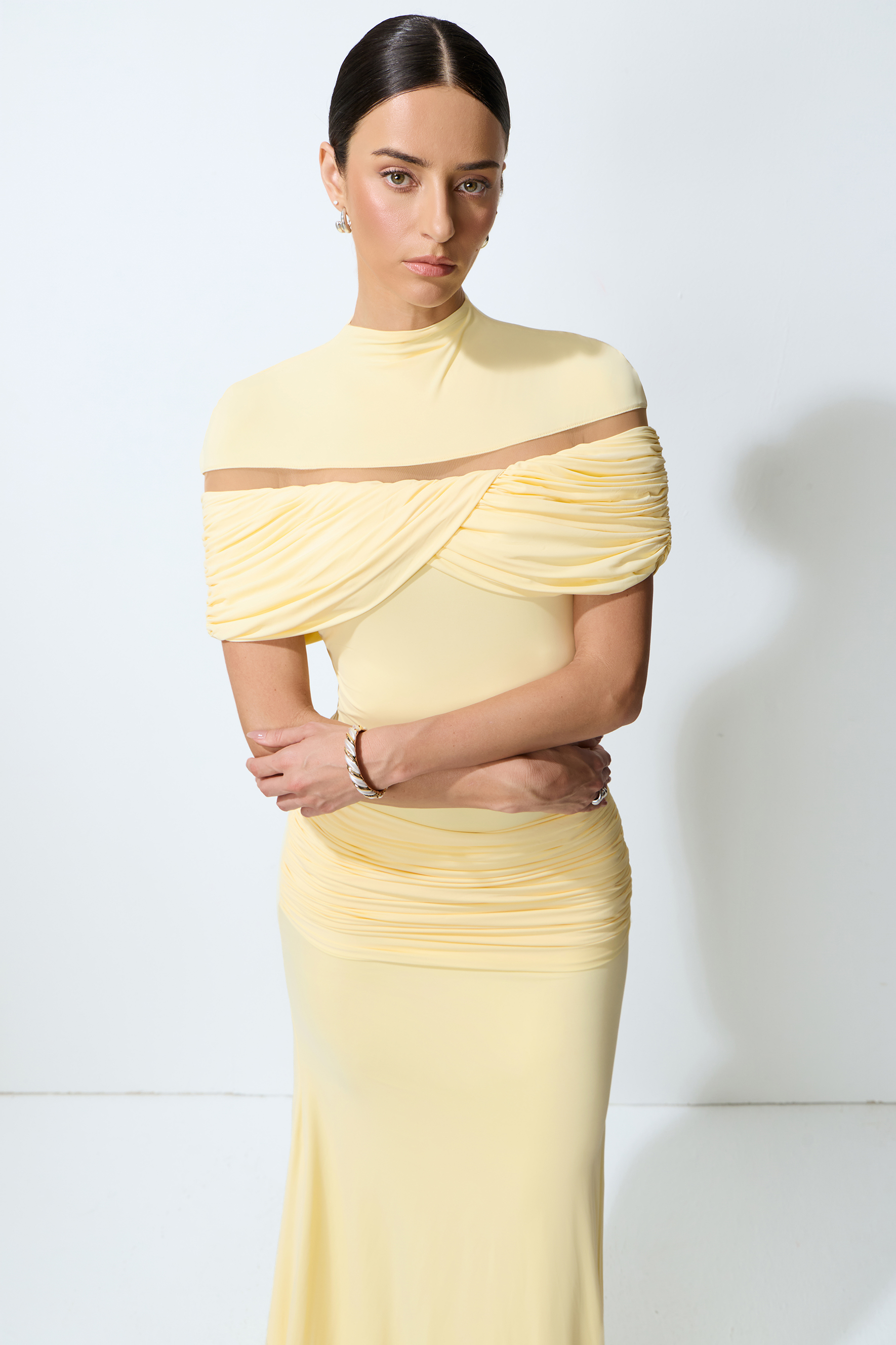 Elegant Pale Yellow Ruched High Neck Maxi Dress