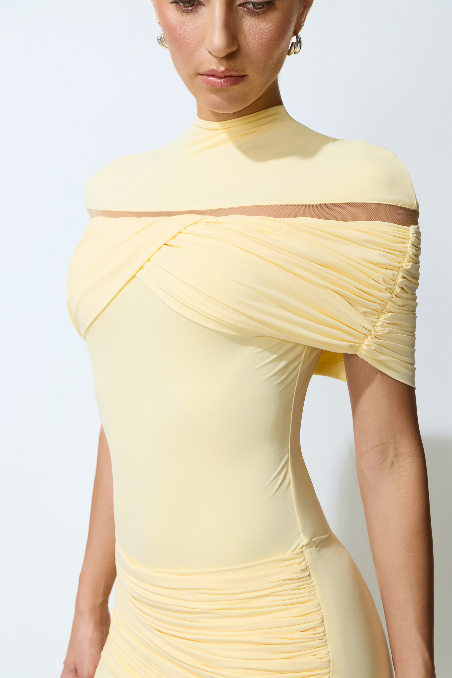 Elegant Pale Yellow Ruched High Neck Maxi Dress