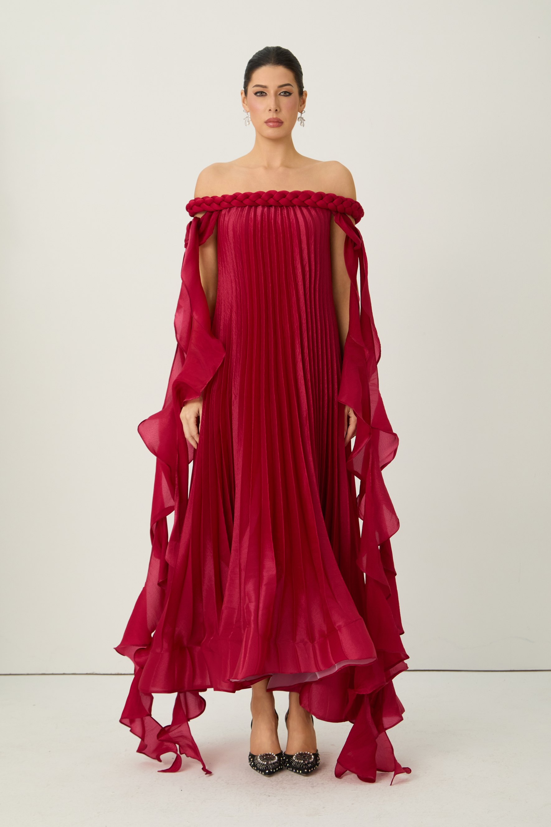 Braided Trim Off-Shoulder Pleated Maxi Dress