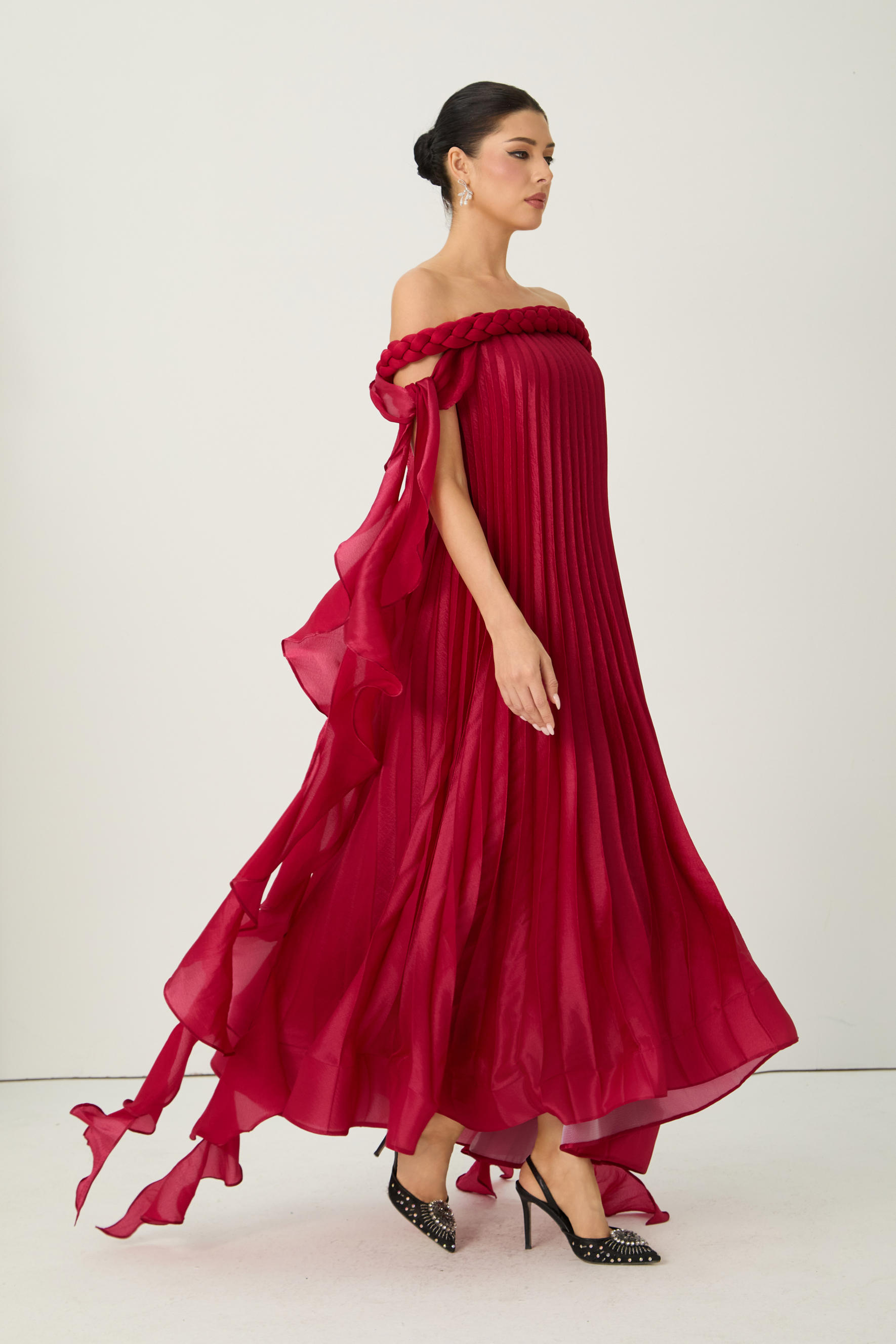 Braided Trim Off-Shoulder Pleated Maxi Dress
