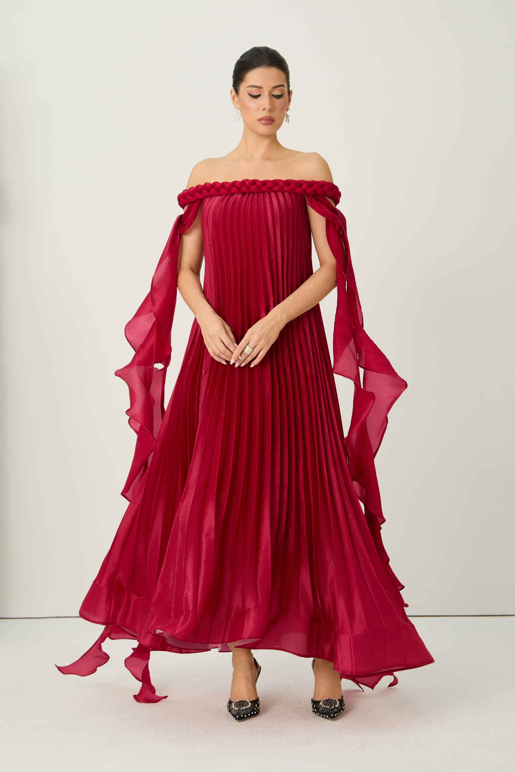 Braided Trim Off-Shoulder Pleated Maxi Dress