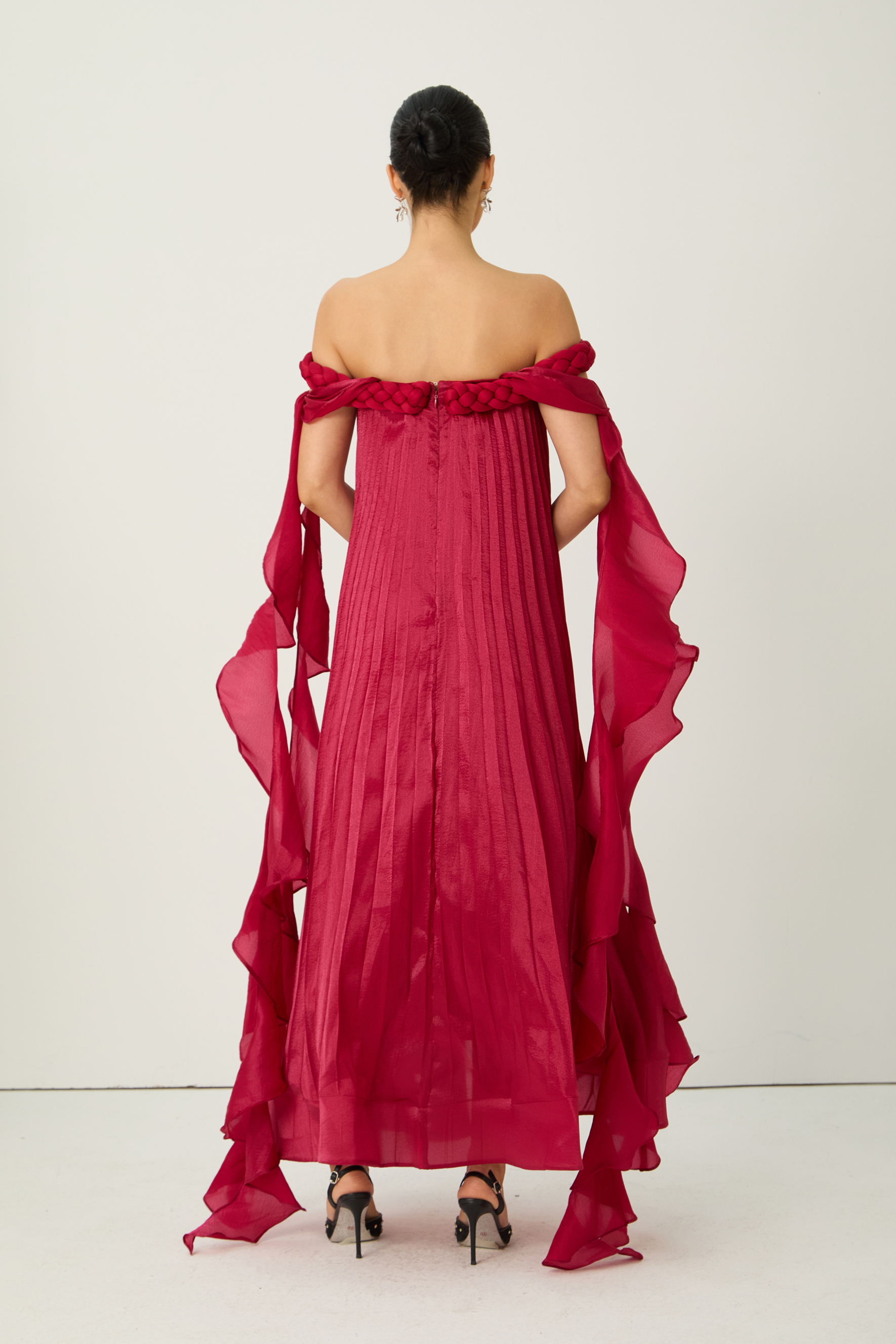Braided Trim Off-Shoulder Pleated Maxi Dress