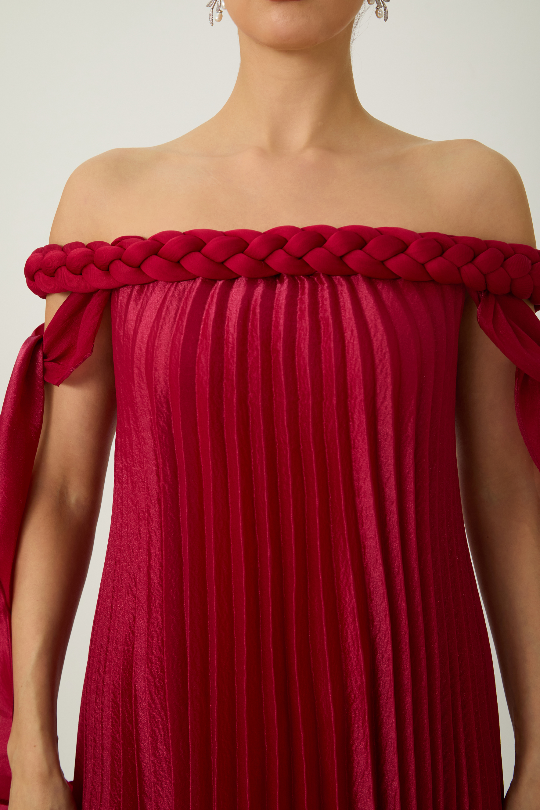 Braided Trim Off-Shoulder Pleated Maxi Dress