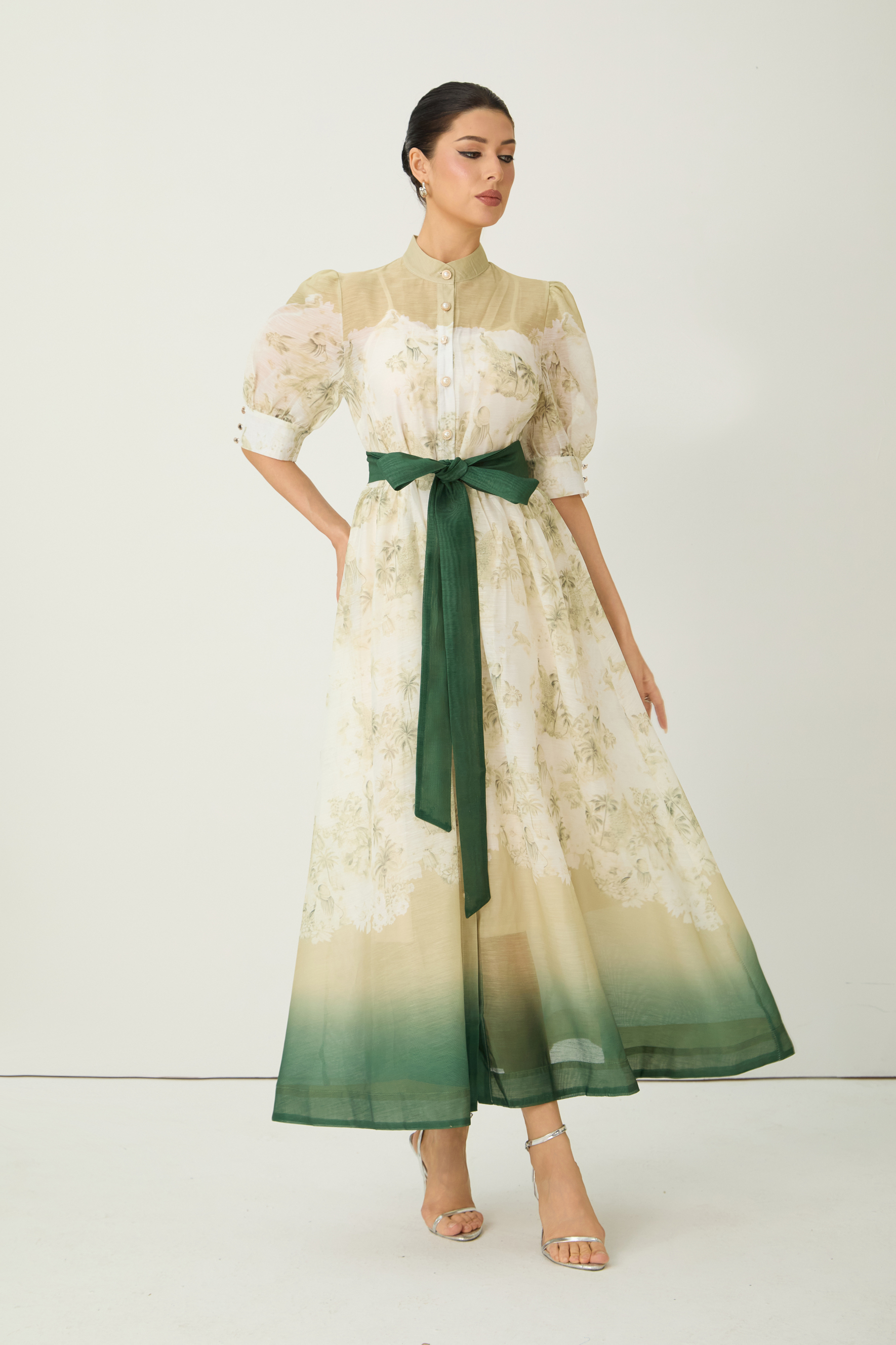 Elegant Toile Print Ombre Belted Midi Dress