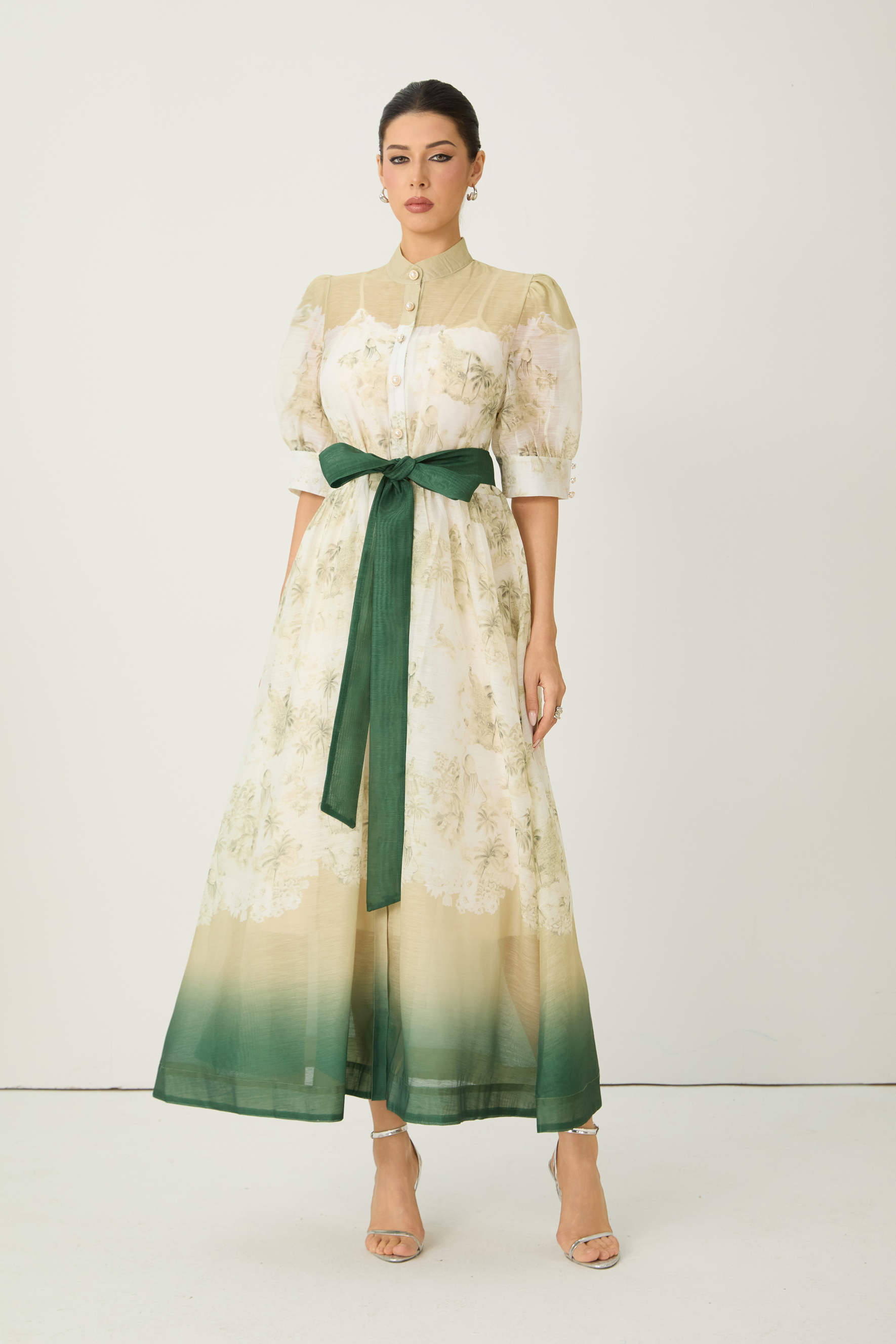 Elegant Toile Print Ombre Belted Midi Dress