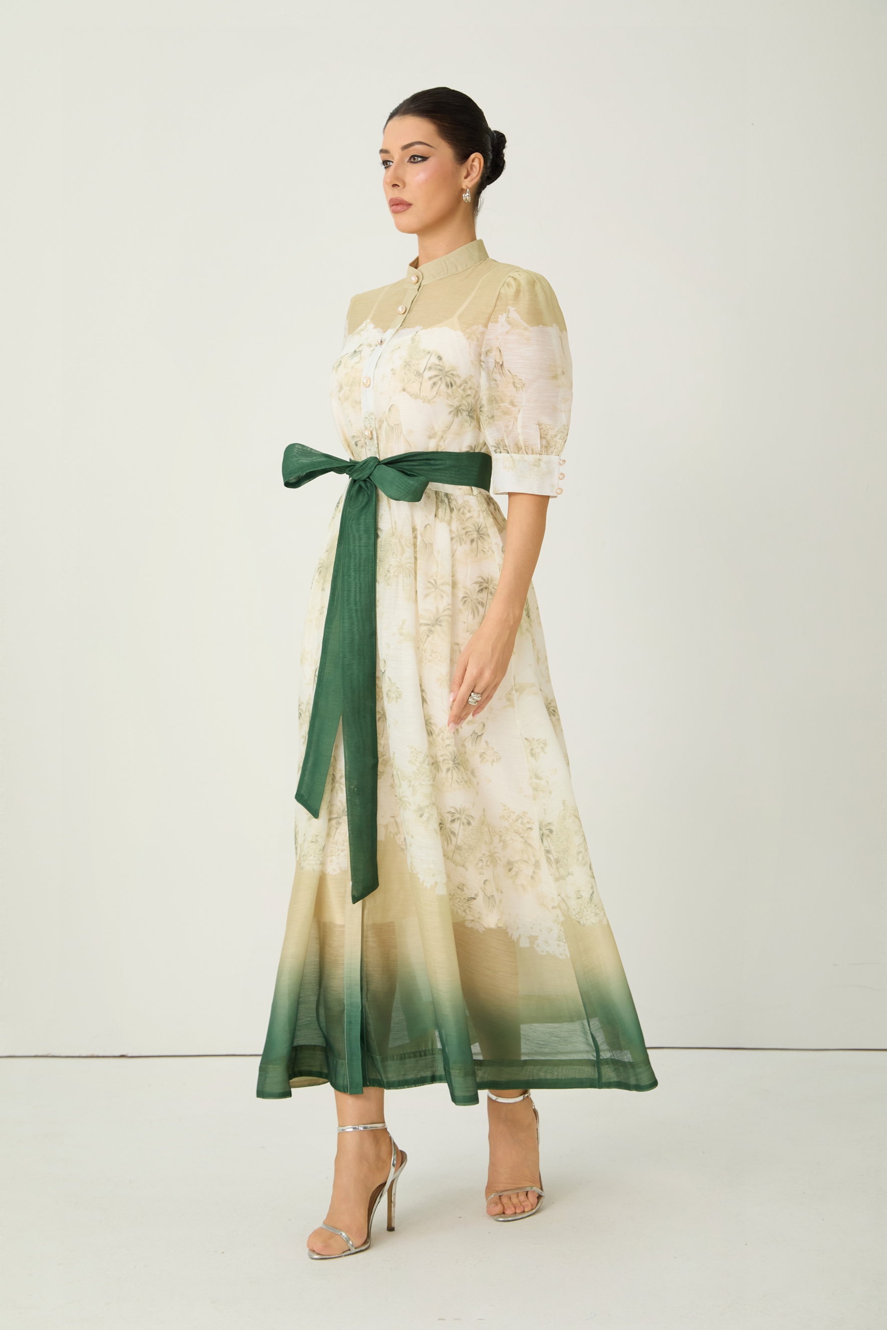 Elegant Toile Print Ombre Belted Midi Dress