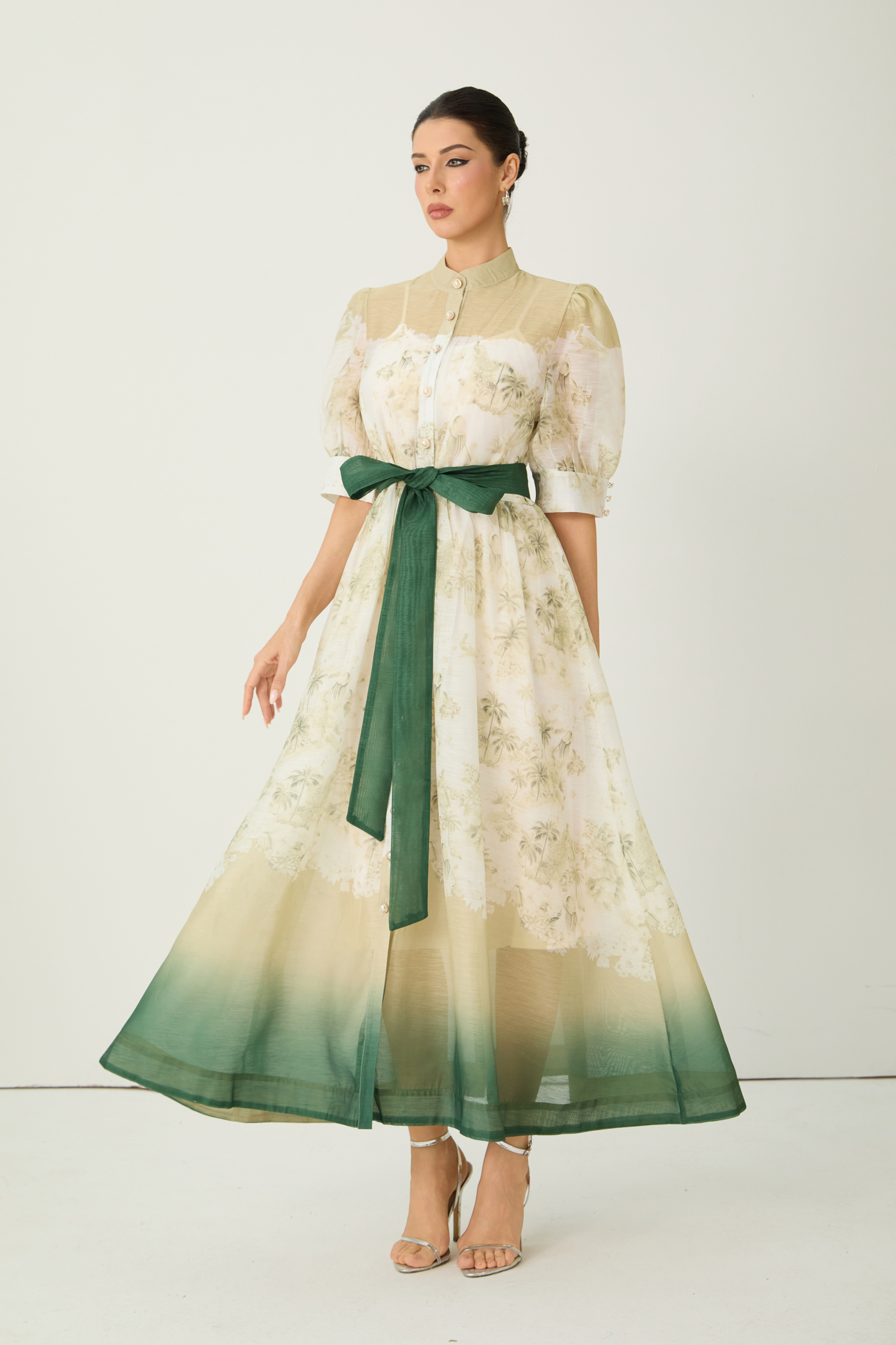 Elegant Toile Print Ombre Belted Midi Dress
