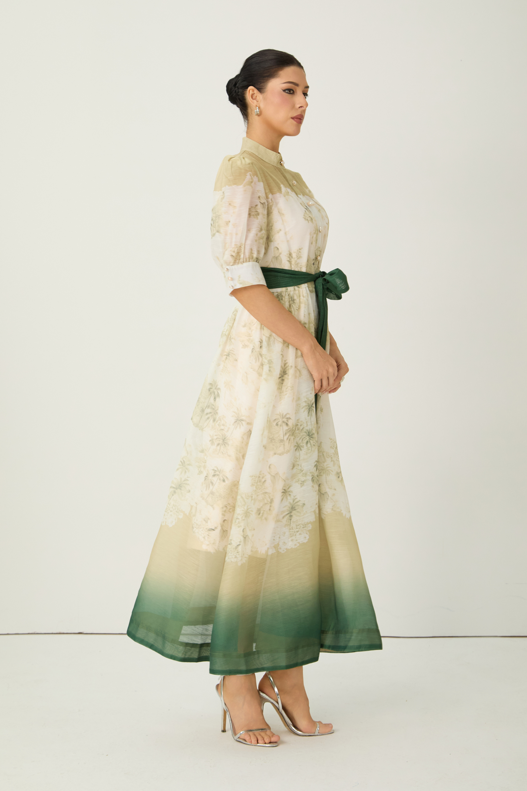 Elegant Toile Print Ombre Belted Midi Dress