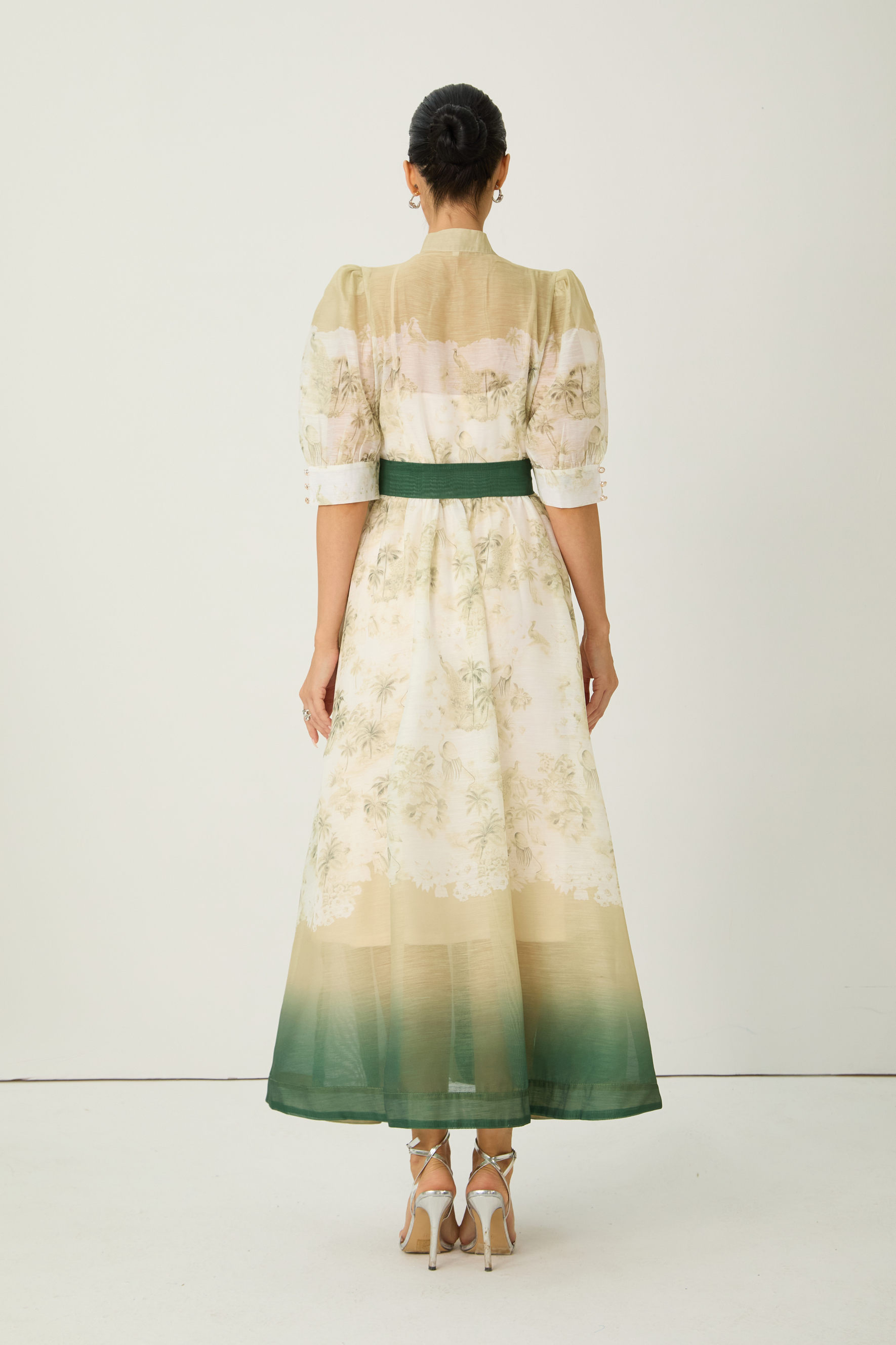 Elegant Toile Print Ombre Belted Midi Dress