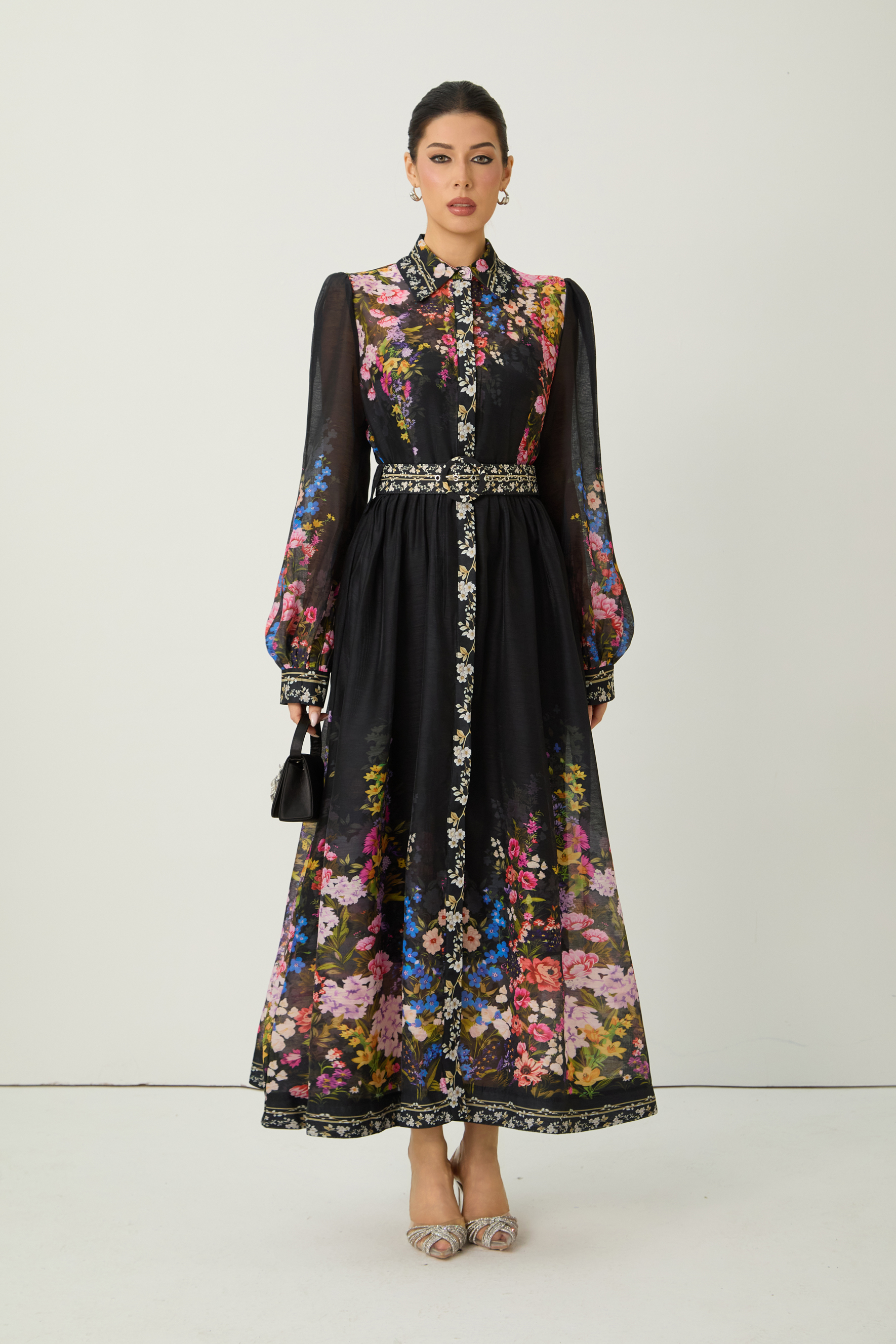 Elegant Floral Print Belted Maxi Dress
