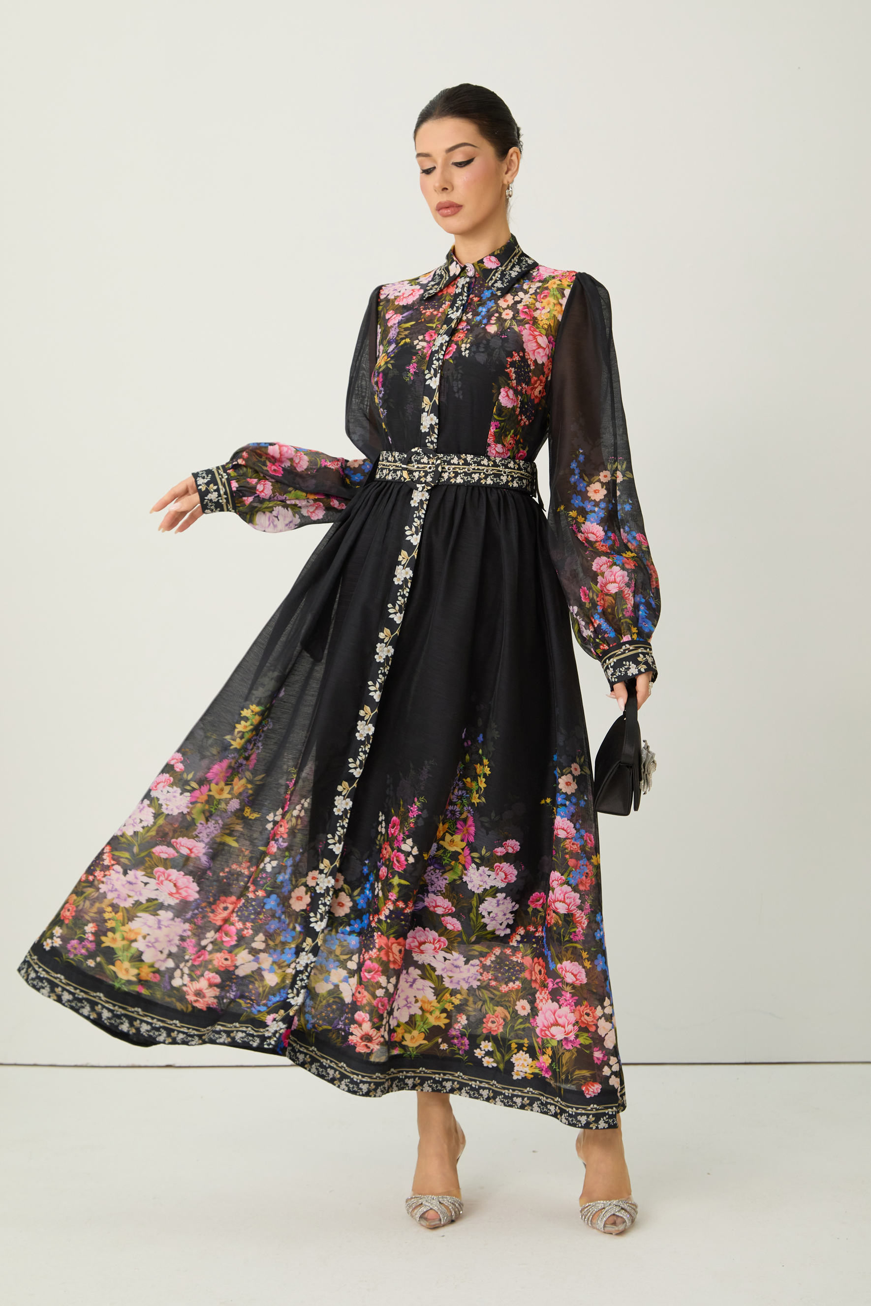 Elegant Floral Print Belted Maxi Dress