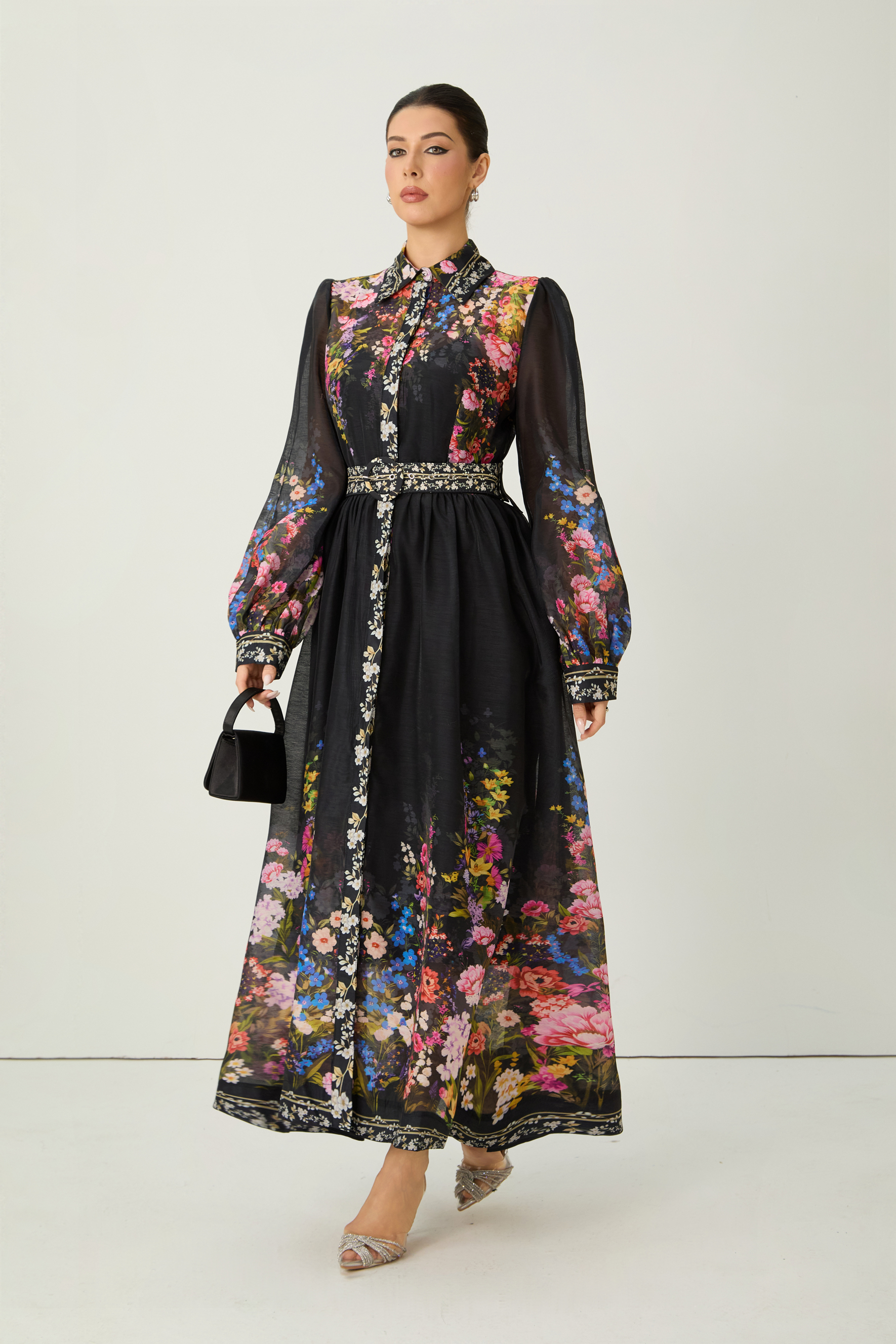 Elegant Floral Print Belted Maxi Dress