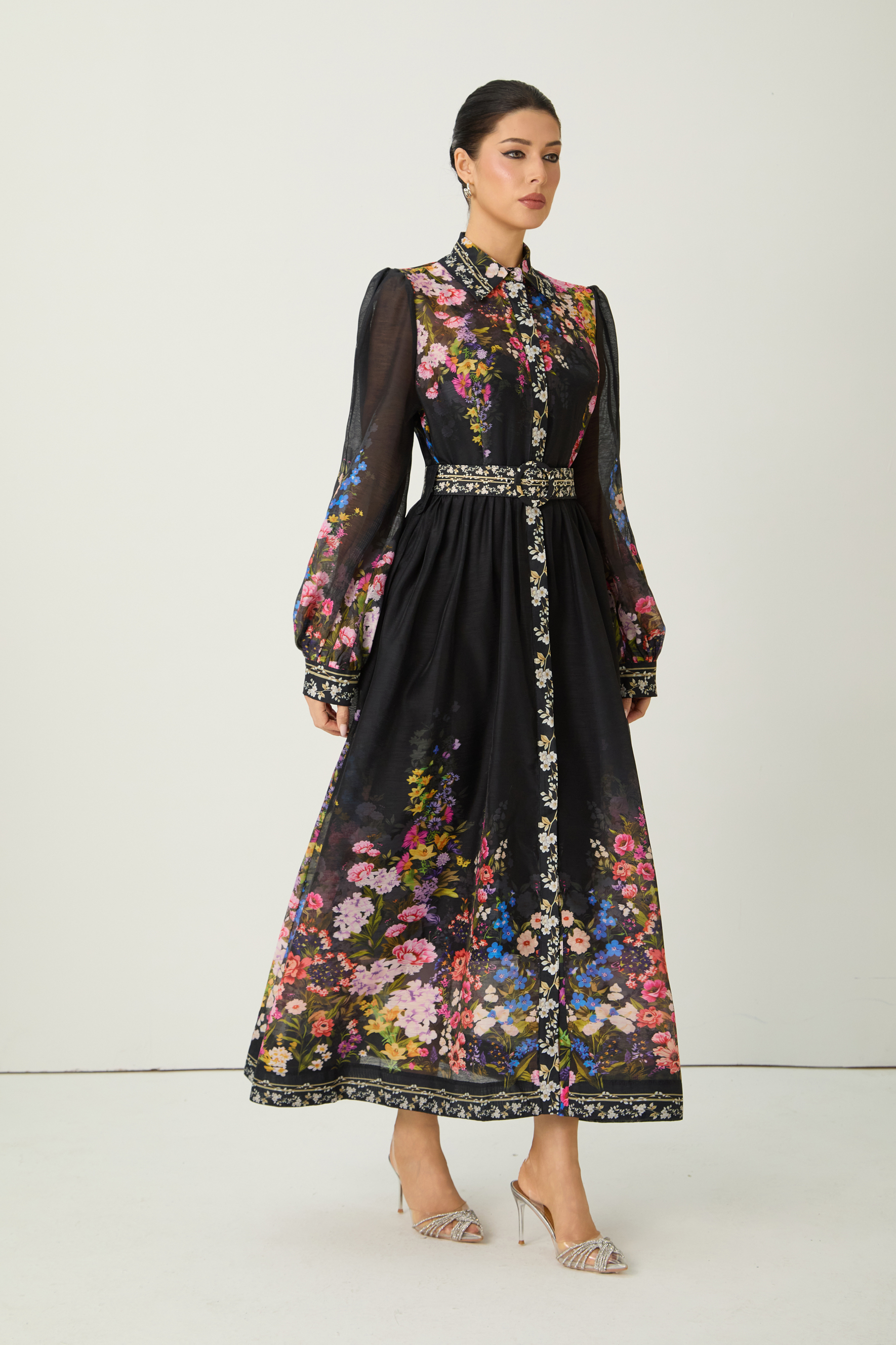Elegant Floral Print Belted Maxi Dress