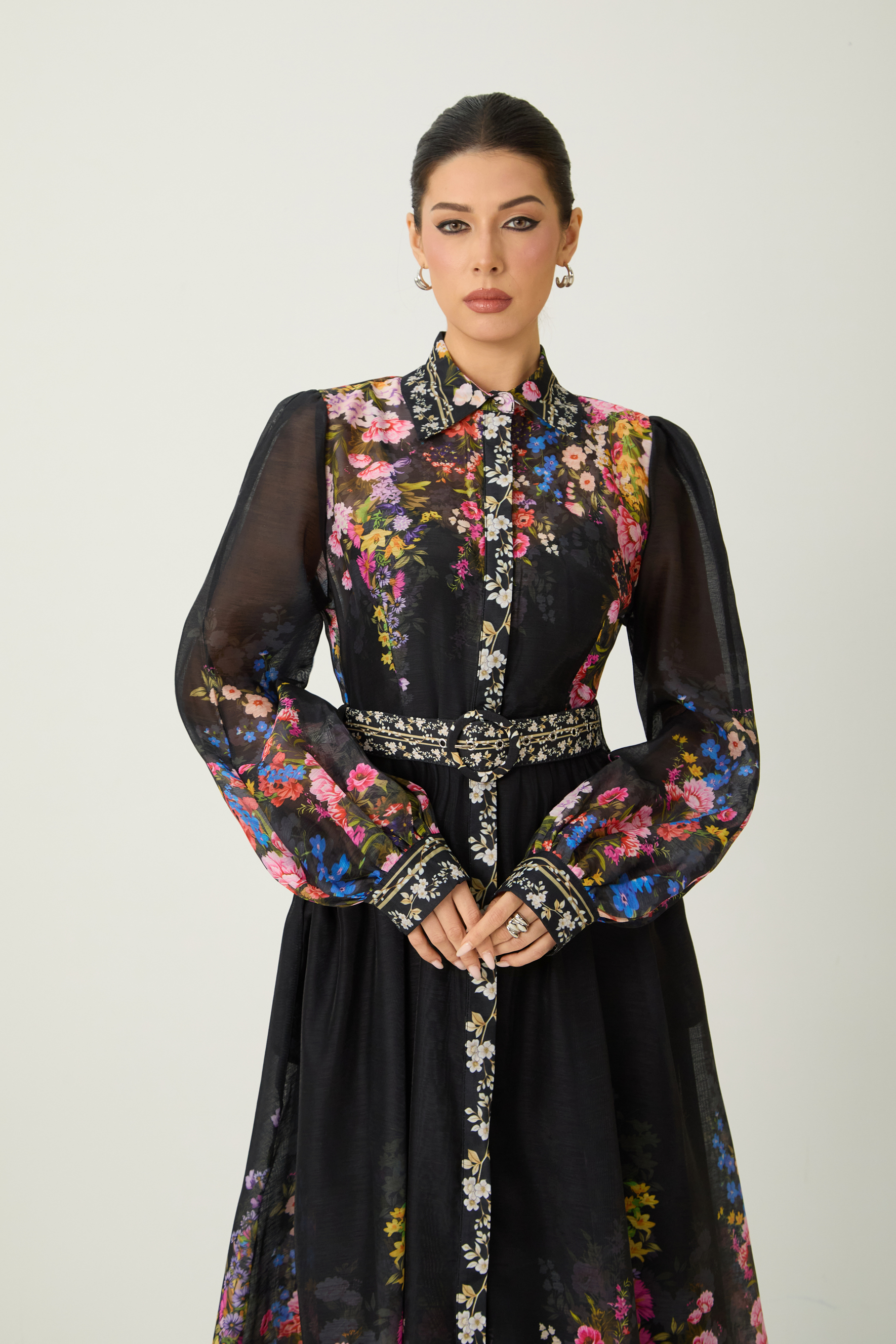 Elegant Floral Print Belted Maxi Dress