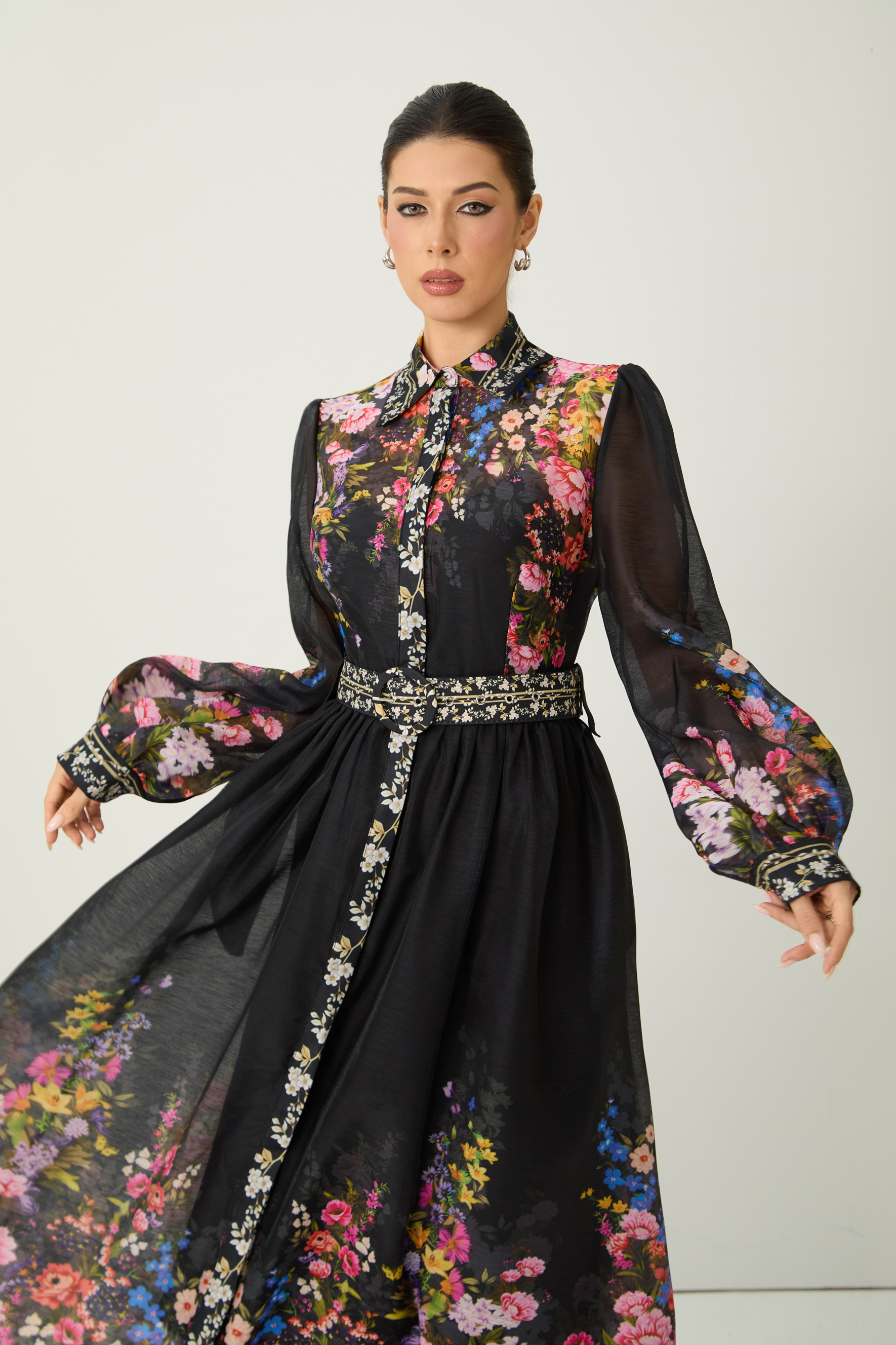 Elegant Floral Print Belted Maxi Dress