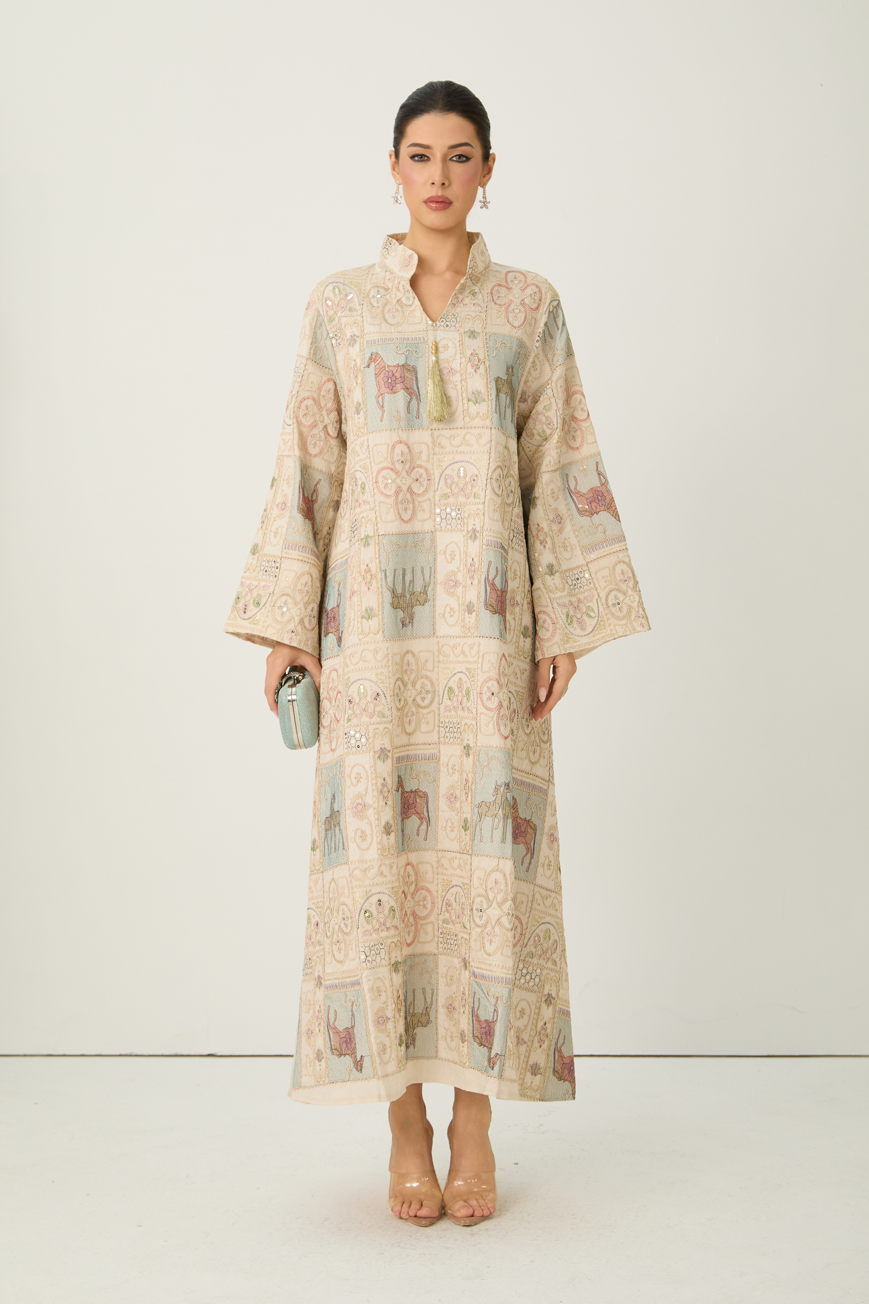 Luxury Embroidered Patchwork Horse Print Kaftan Maxi Dress