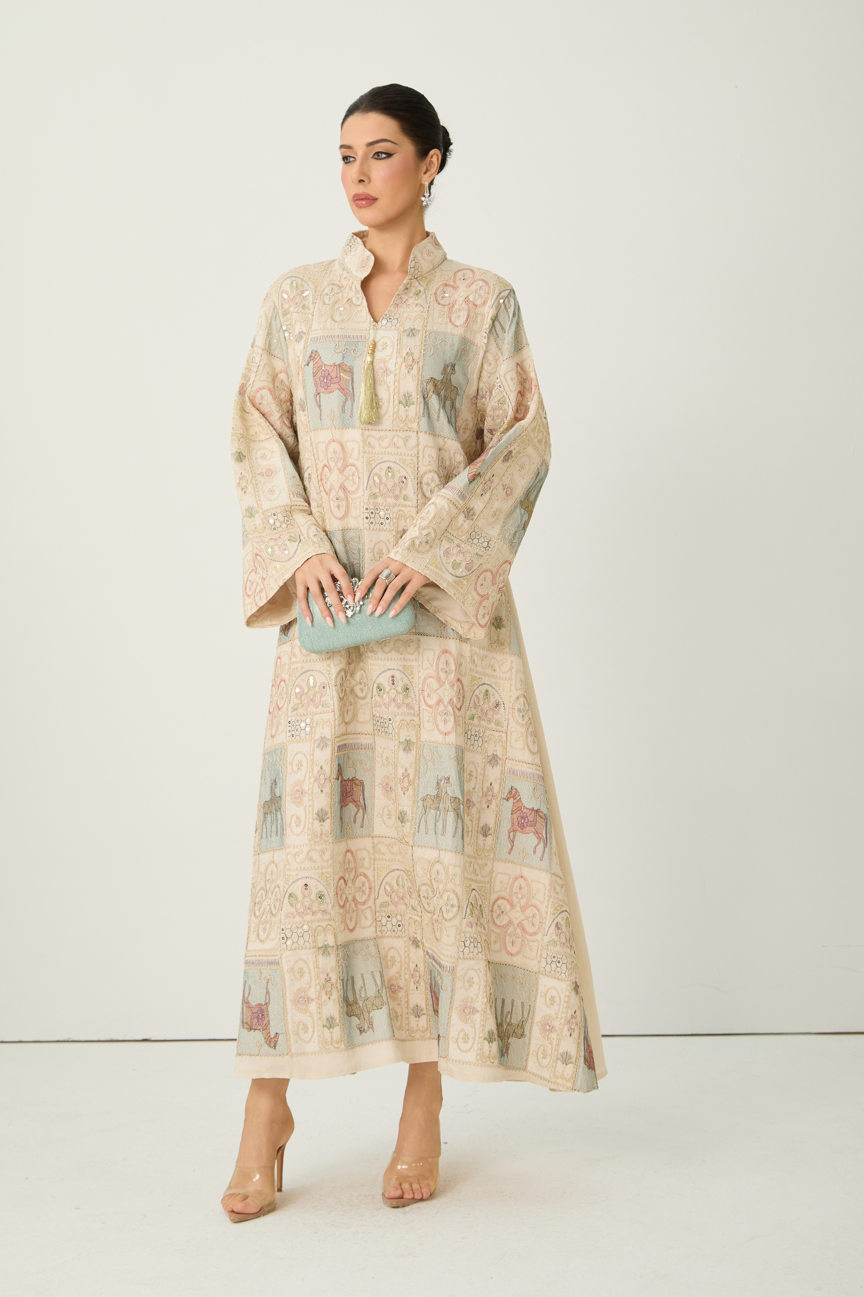 Luxury Embroidered Patchwork Horse Print Kaftan Maxi Dress
