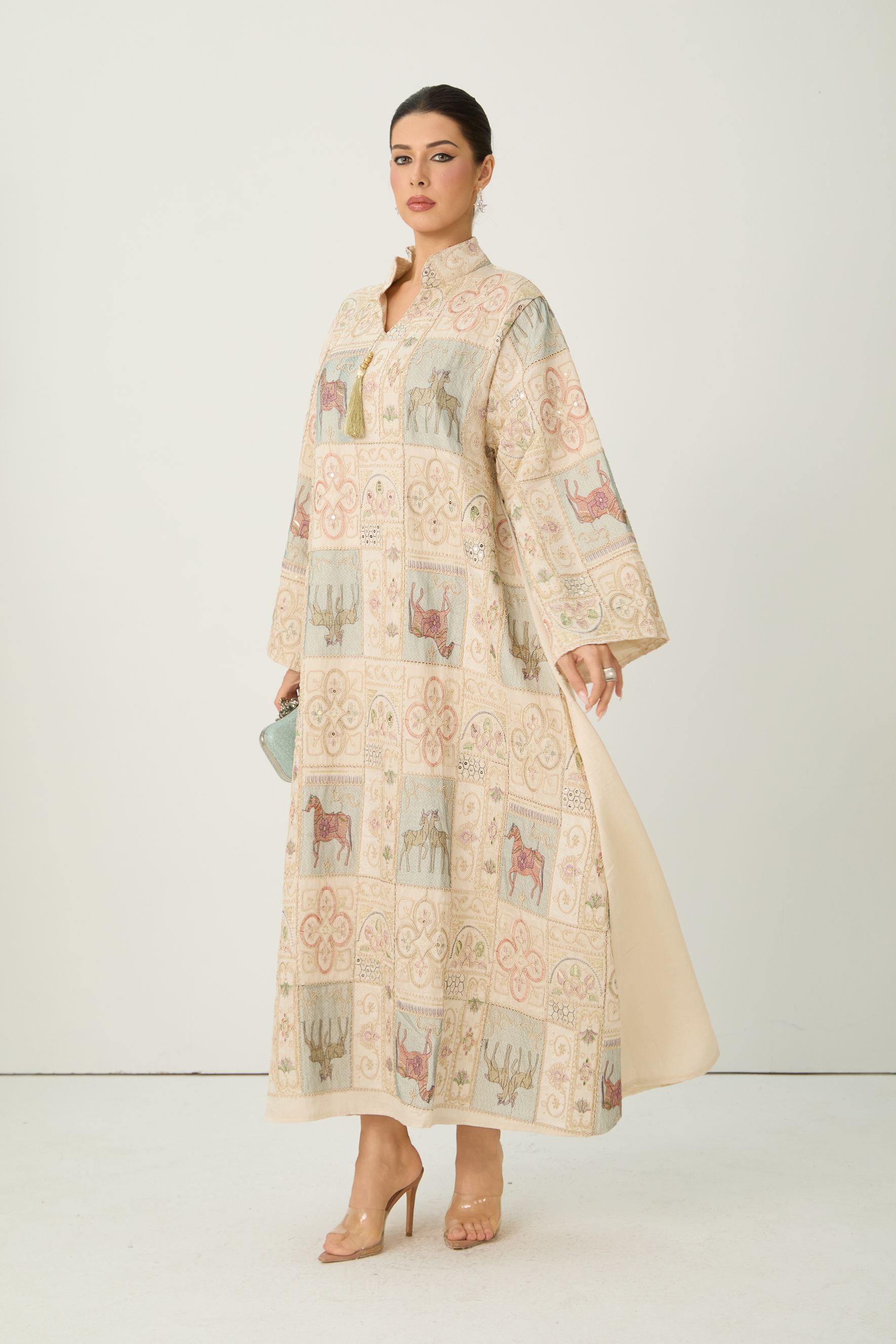 Luxury Embroidered Patchwork Horse Print Kaftan Maxi Dress