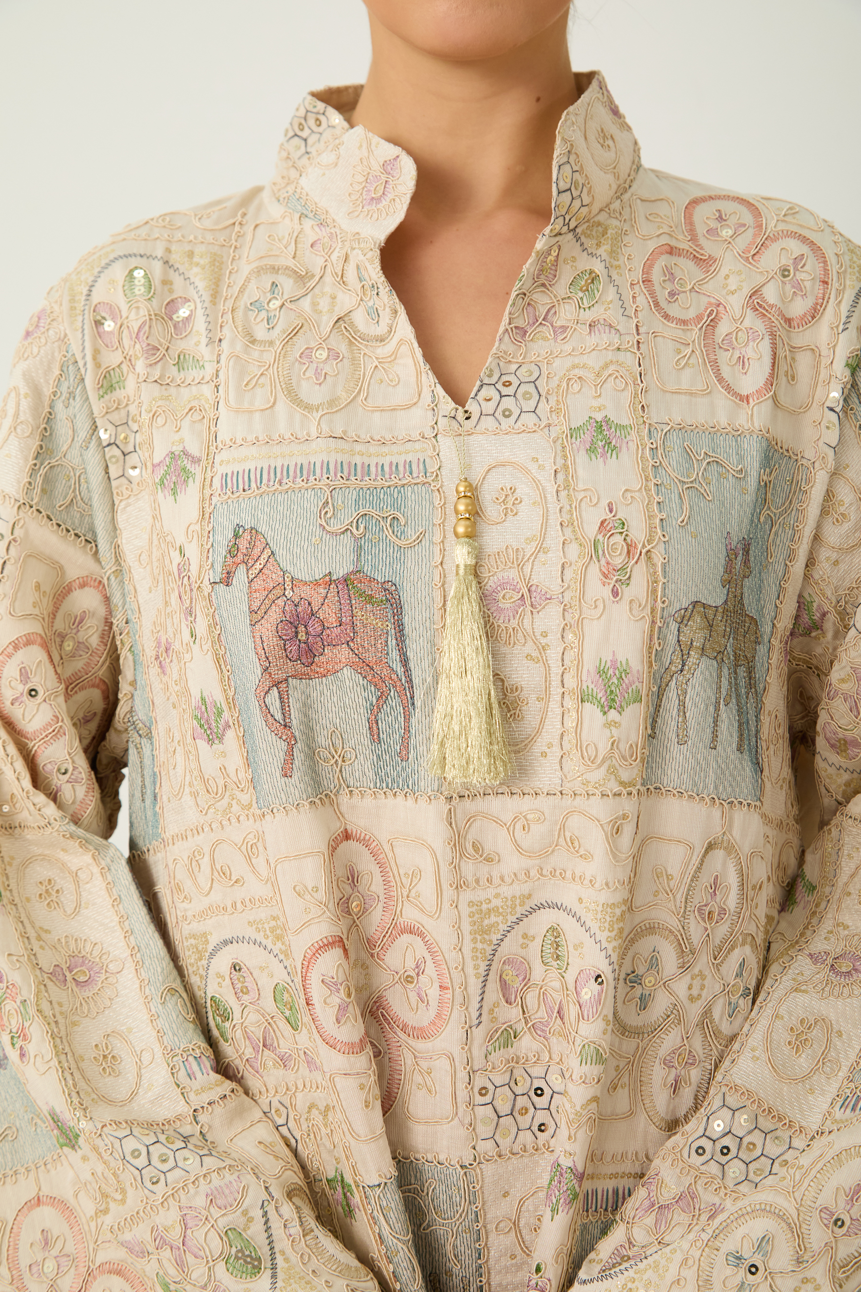 Luxury Embroidered Patchwork Horse Print Kaftan Maxi Dress