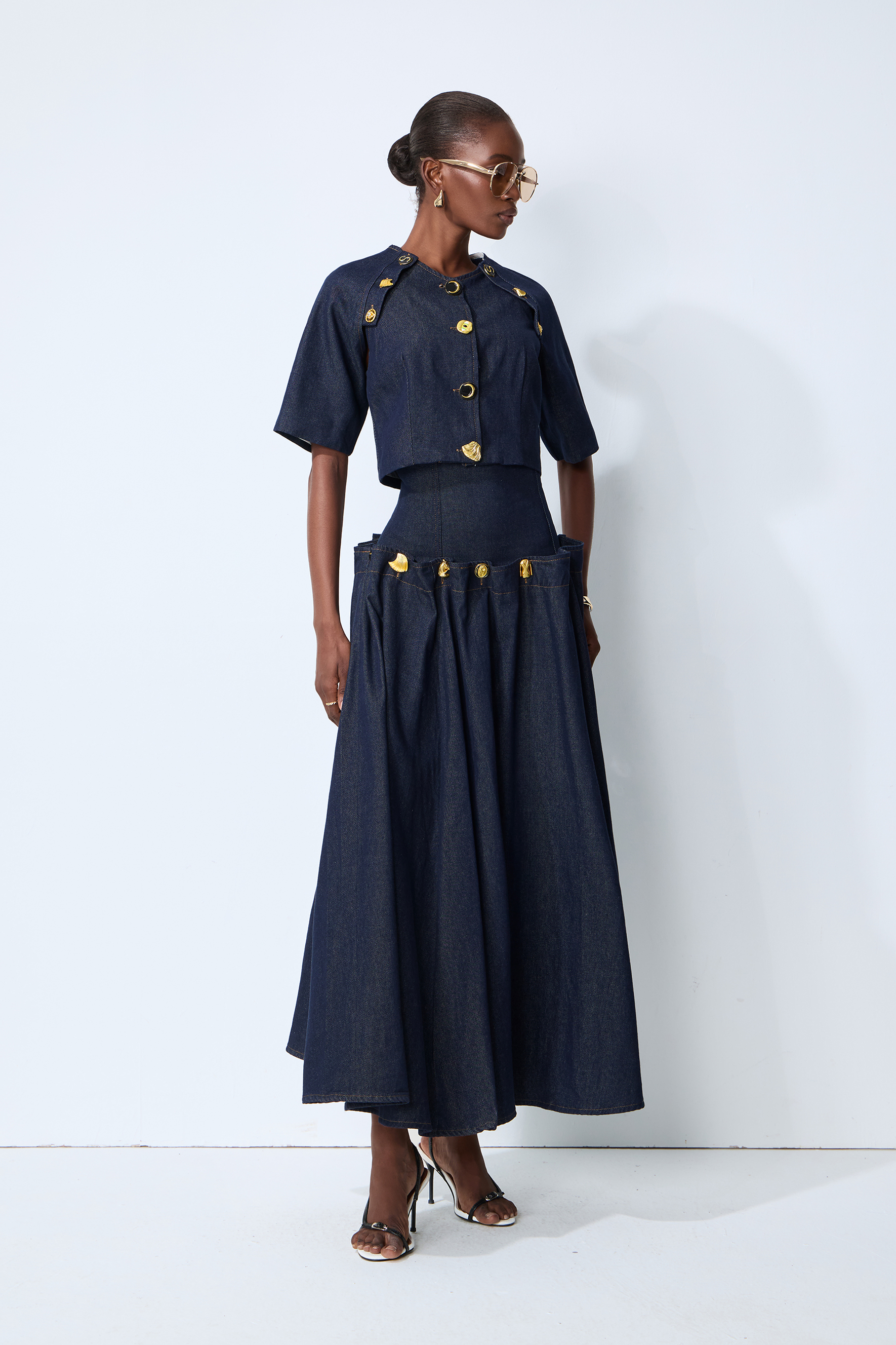 Gold Button Pleated Denim Two-Piece Set