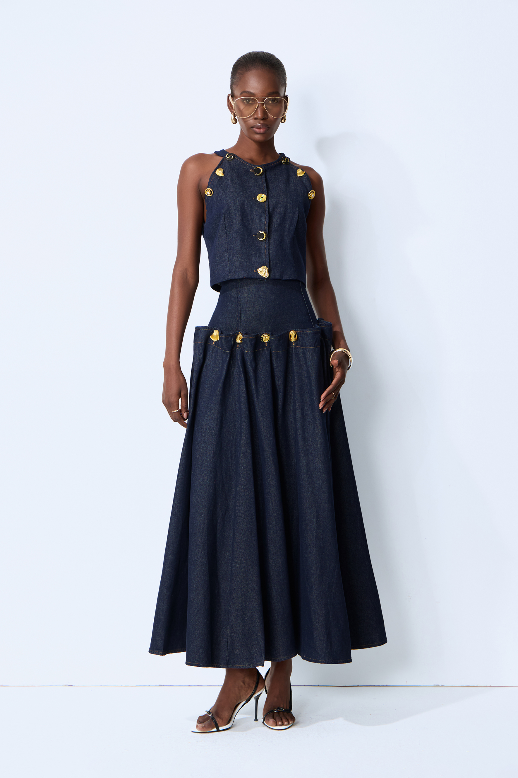Gold Button Pleated Denim Two-Piece Set