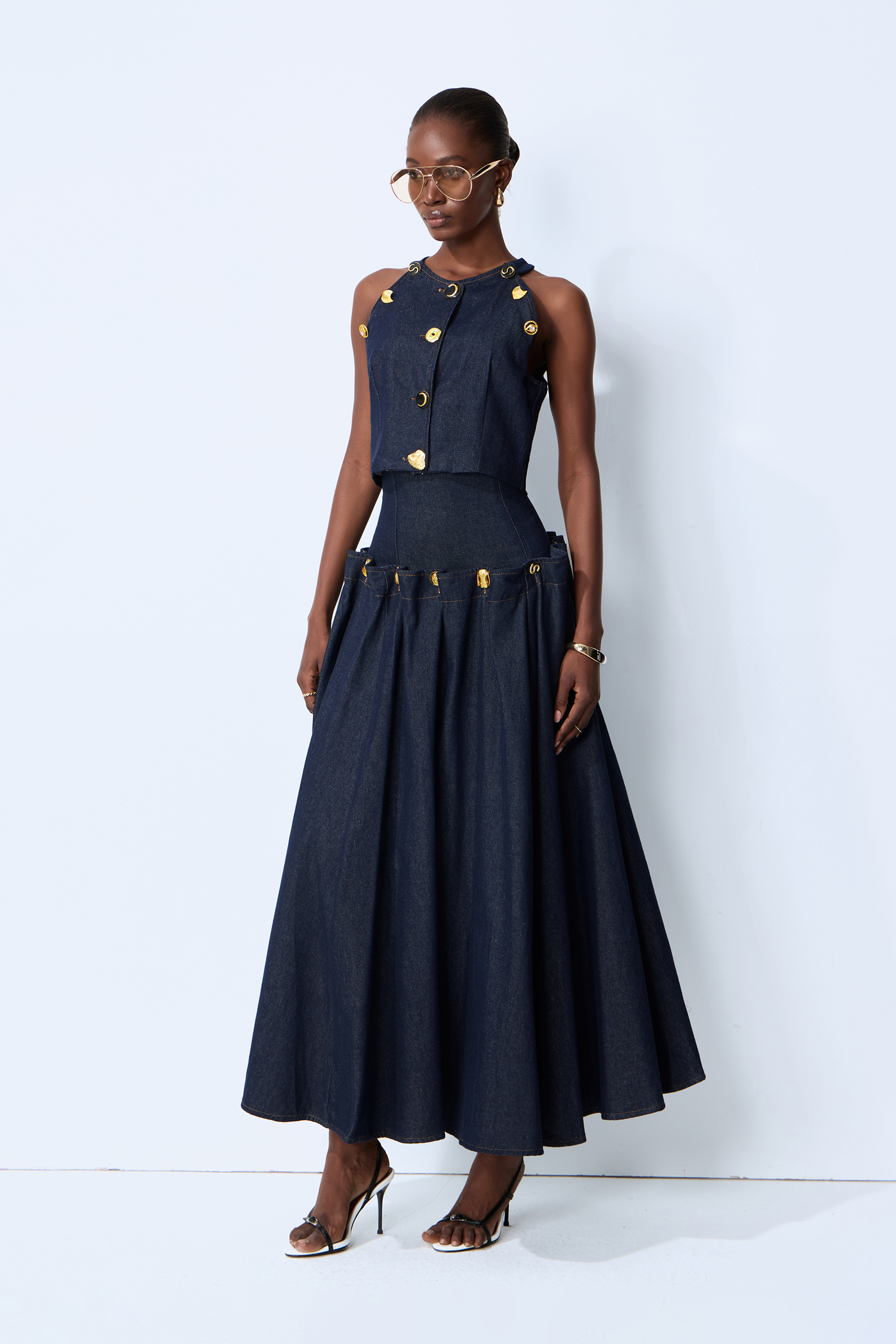 Gold Button Pleated Denim Two-Piece Set