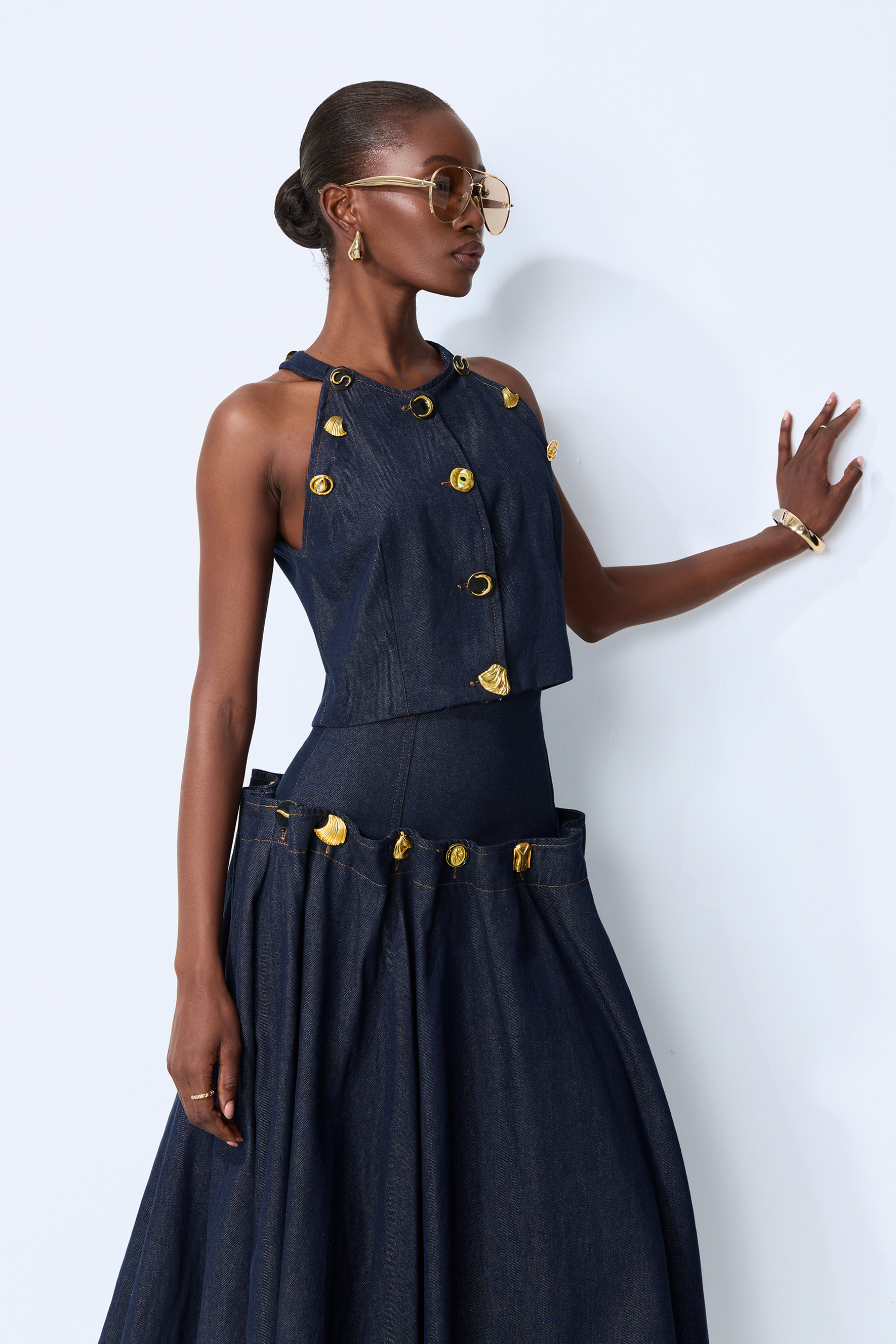 Gold Button Pleated Denim Two-Piece Set