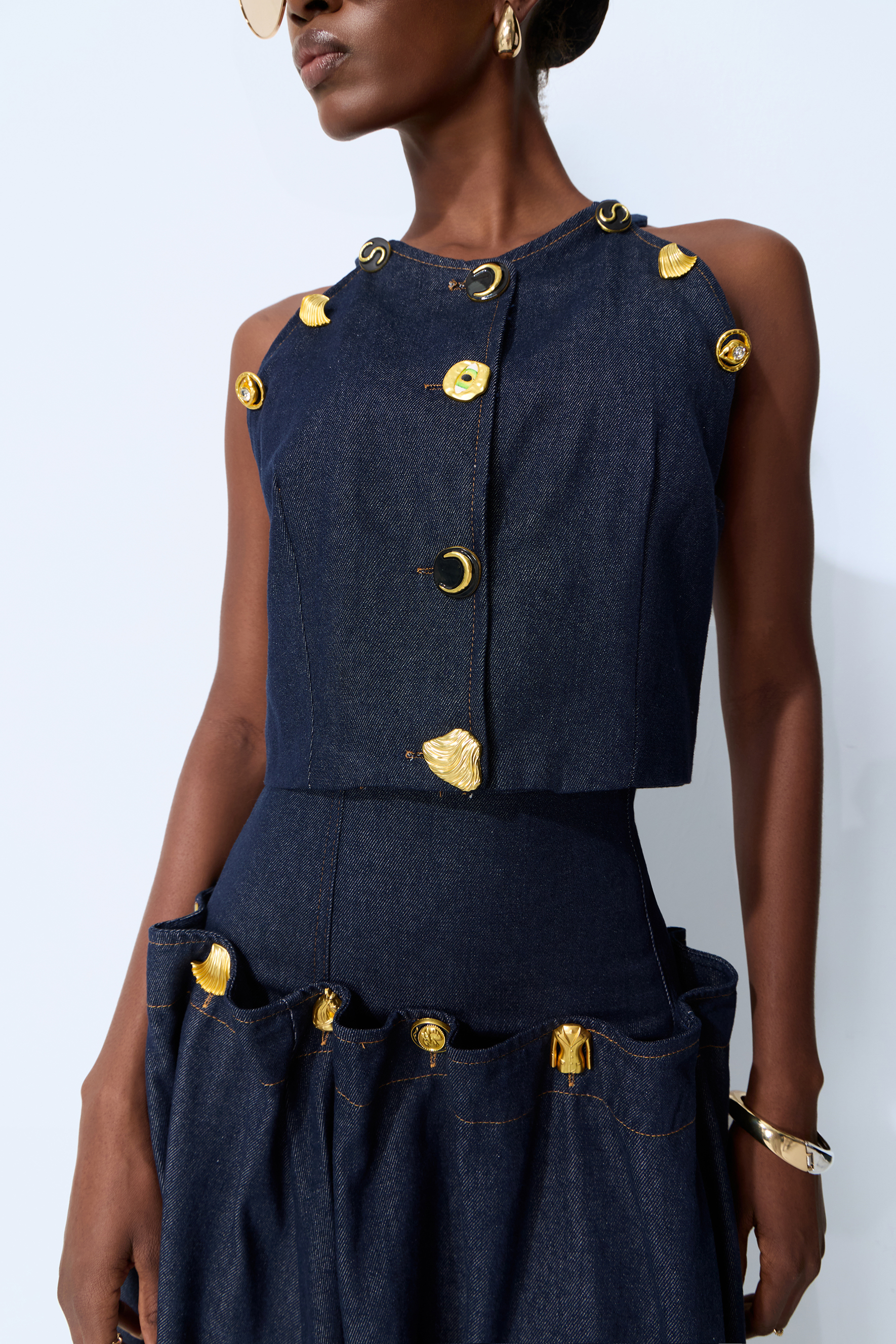 Gold Button Pleated Denim Two-Piece Set