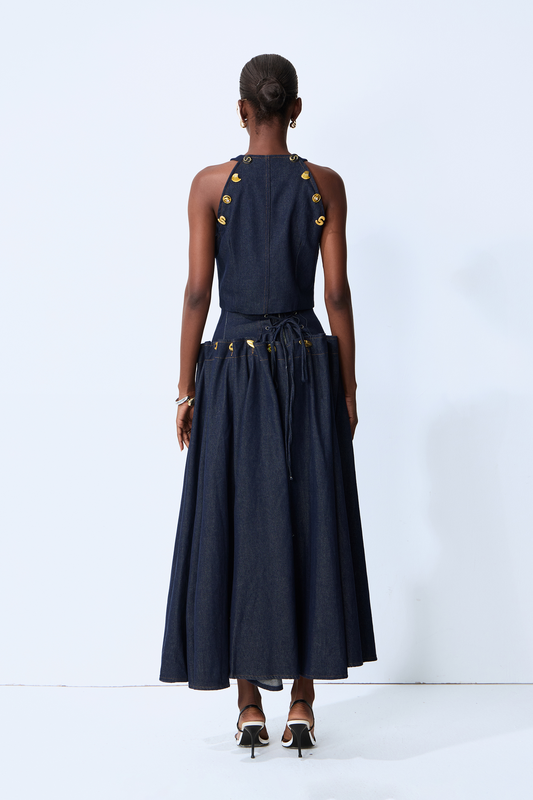 Gold Button Pleated Denim Two-Piece Set