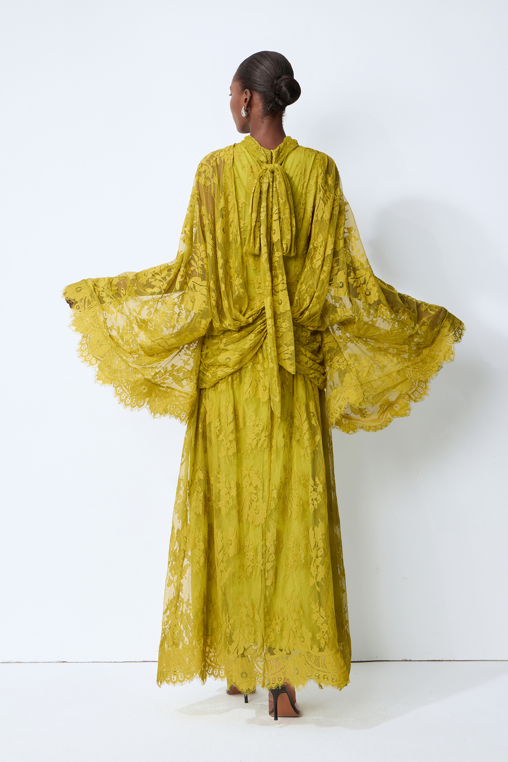 Elegant Chartreuse Floral Lace High-Neck Maxi Dress
