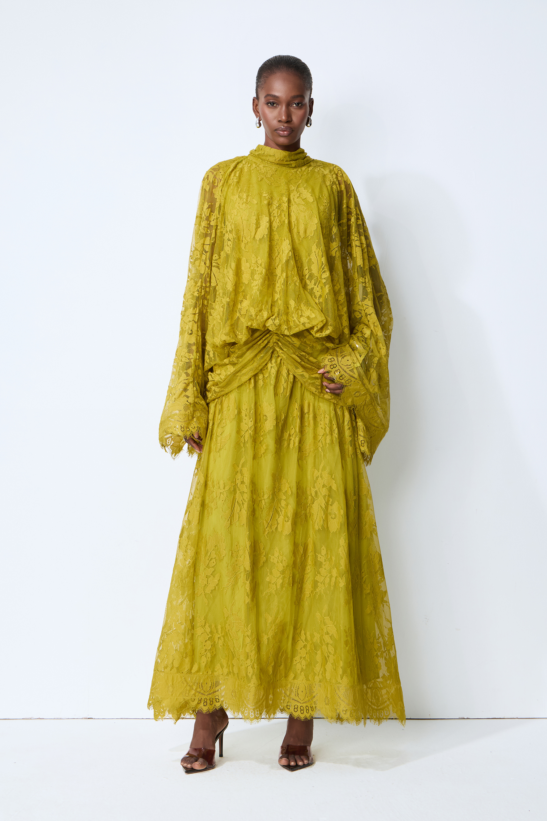 Elegant Chartreuse Floral Lace High-Neck Maxi Dress
