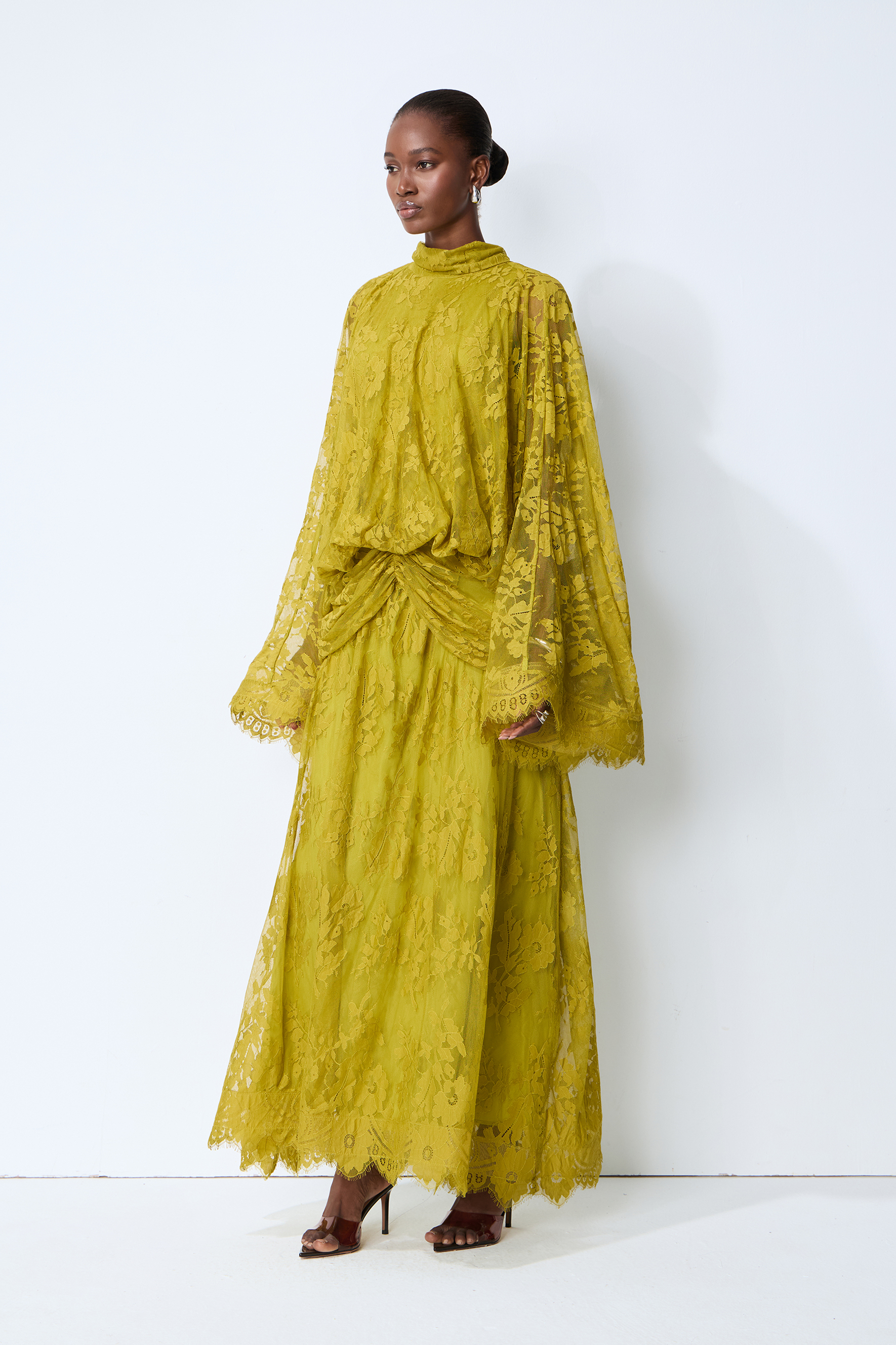 Elegant Chartreuse Floral Lace High-Neck Maxi Dress