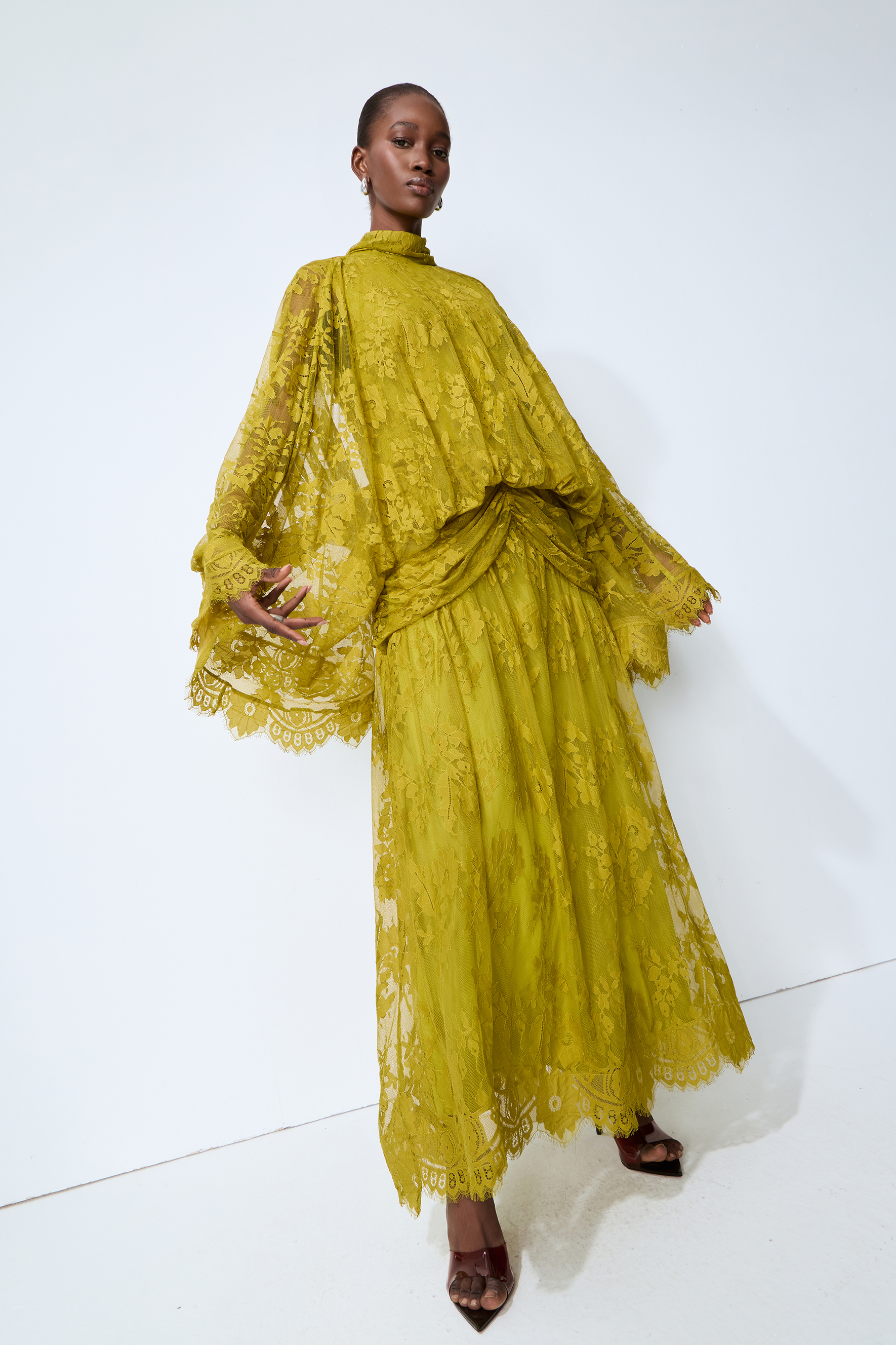 Elegant Chartreuse Floral Lace High-Neck Maxi Dress