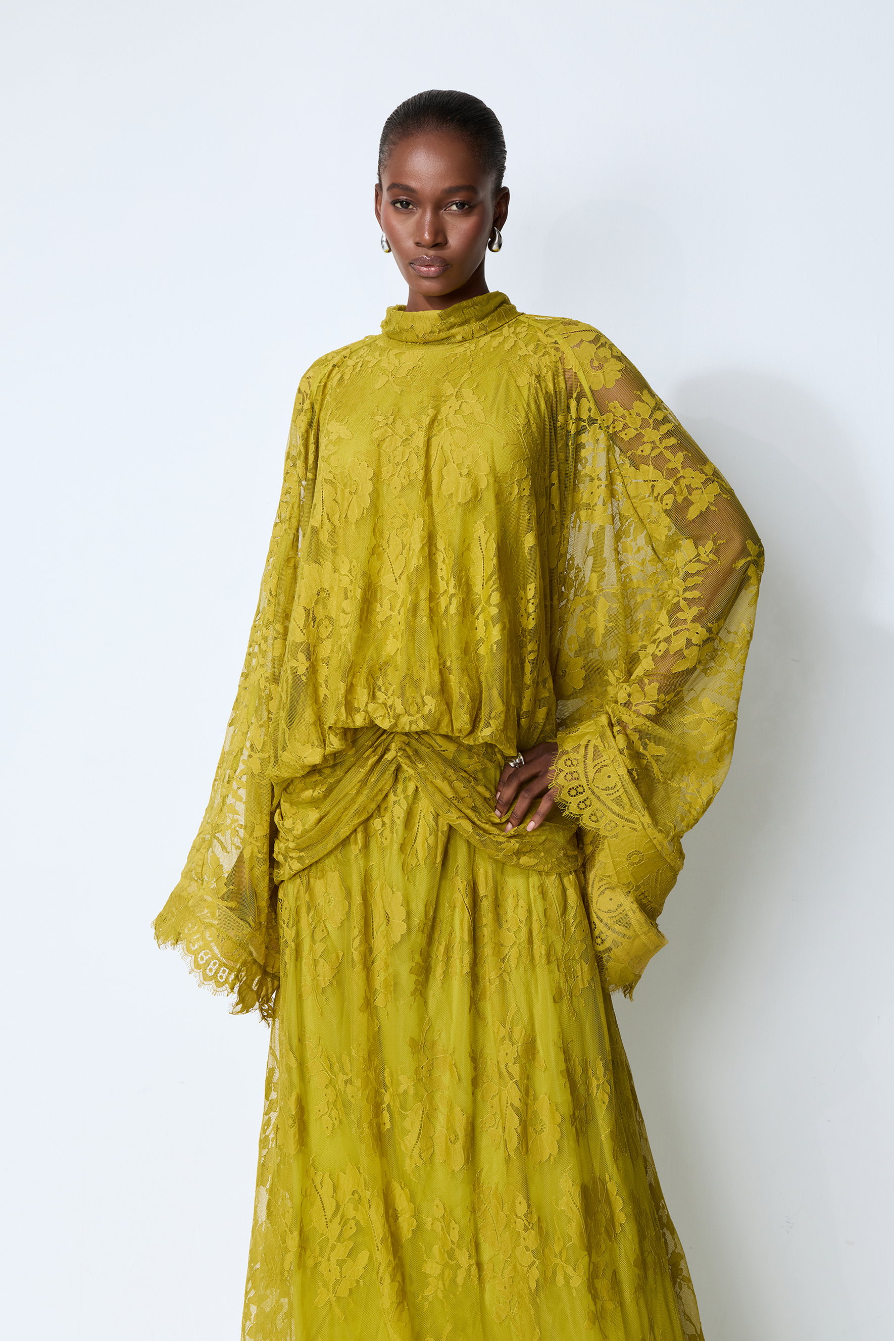 Elegant Chartreuse Floral Lace High-Neck Maxi Dress