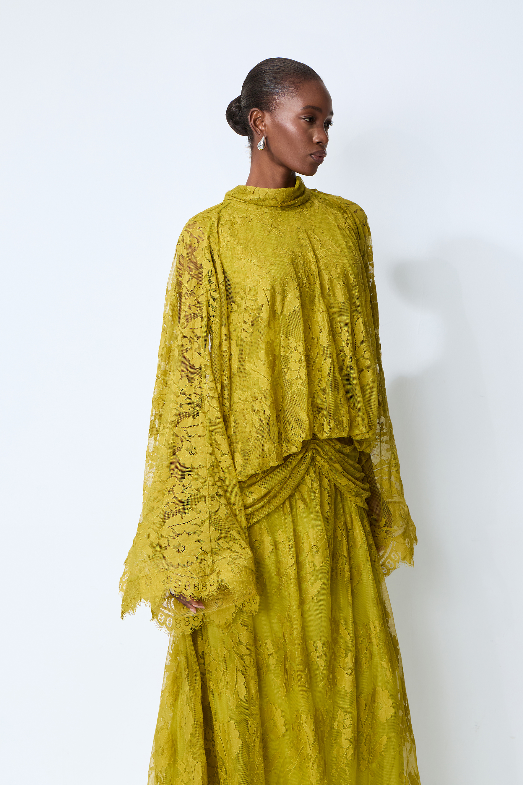 Elegant Chartreuse Floral Lace High-Neck Maxi Dress