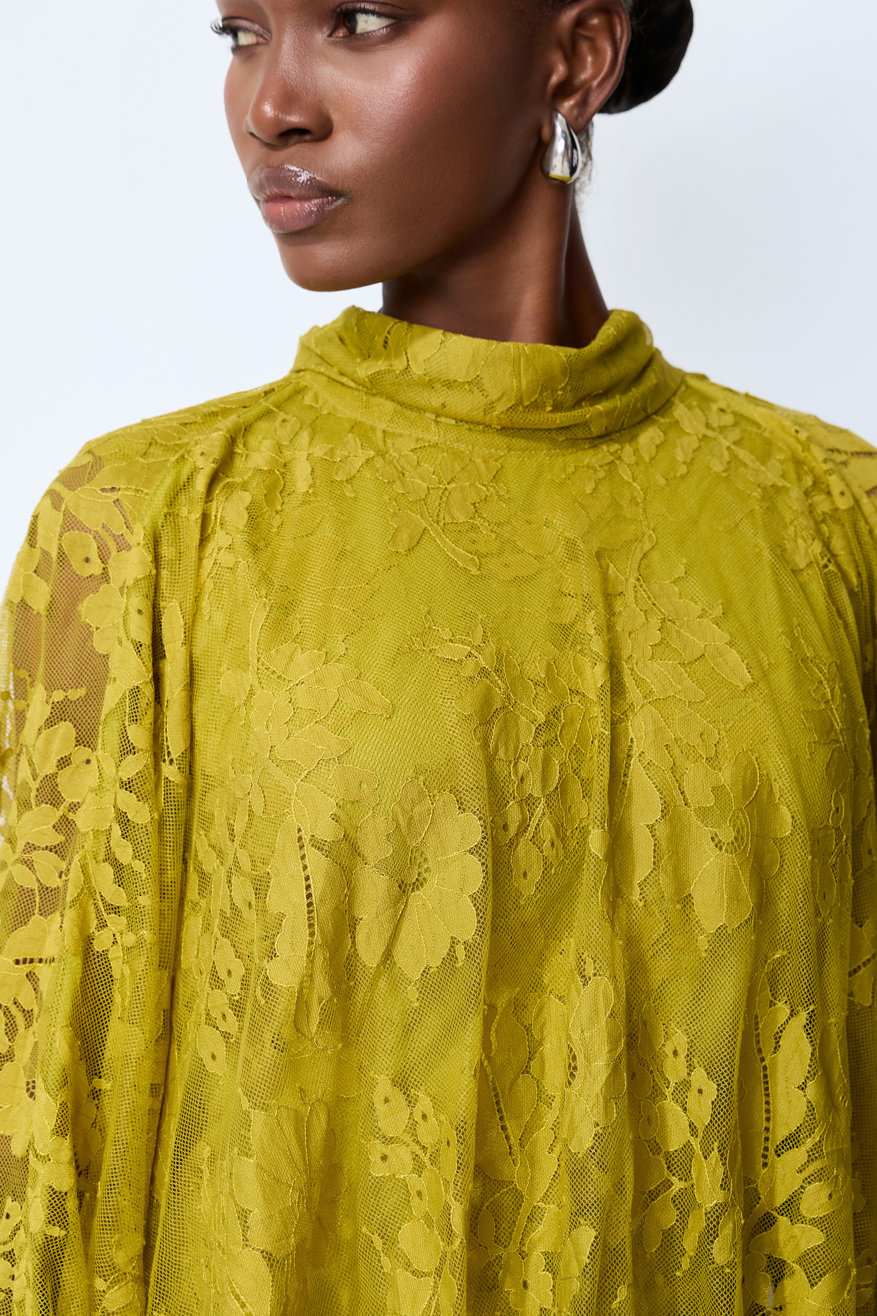 Elegant Chartreuse Floral Lace High-Neck Maxi Dress