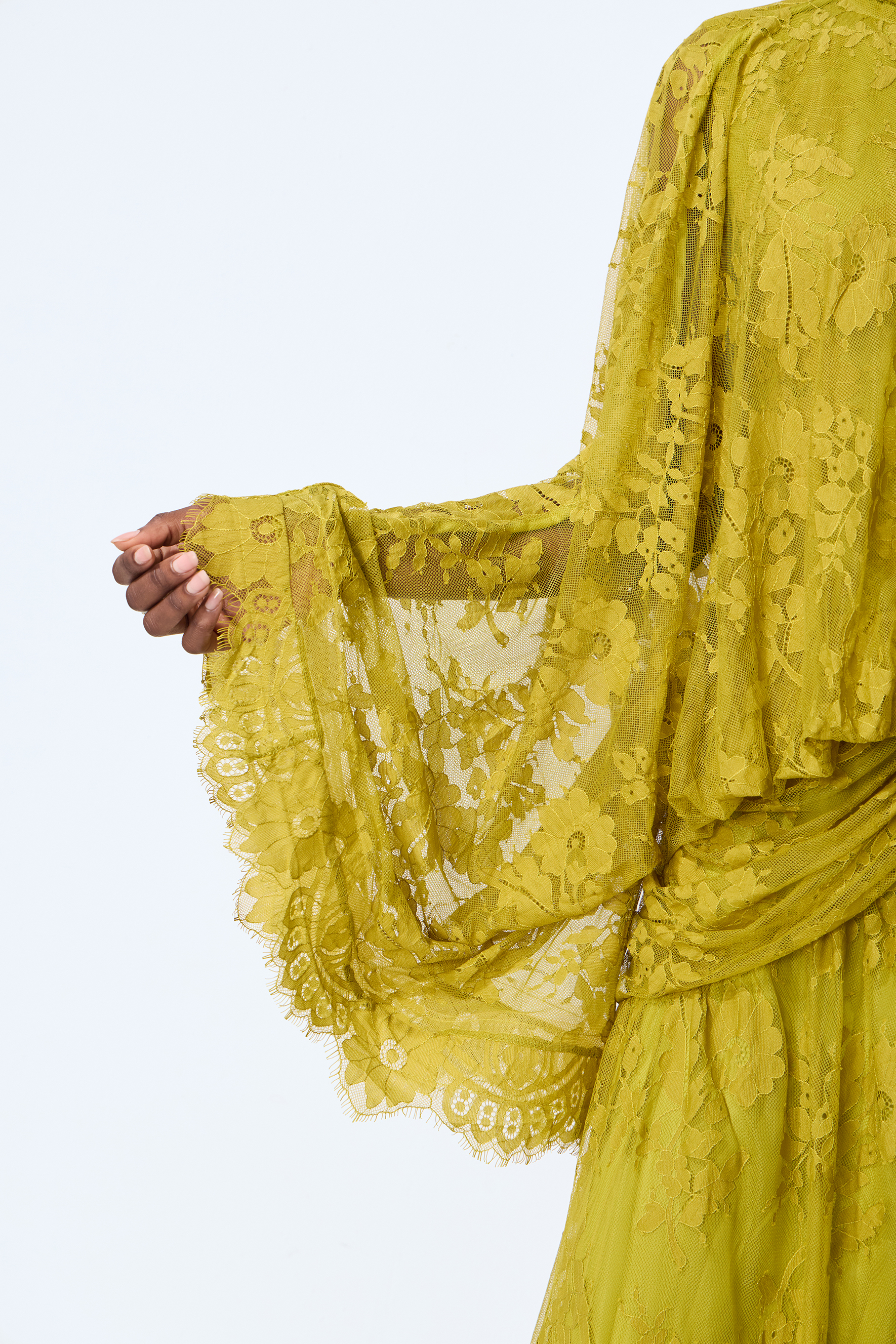 Elegant Chartreuse Floral Lace High-Neck Maxi Dress